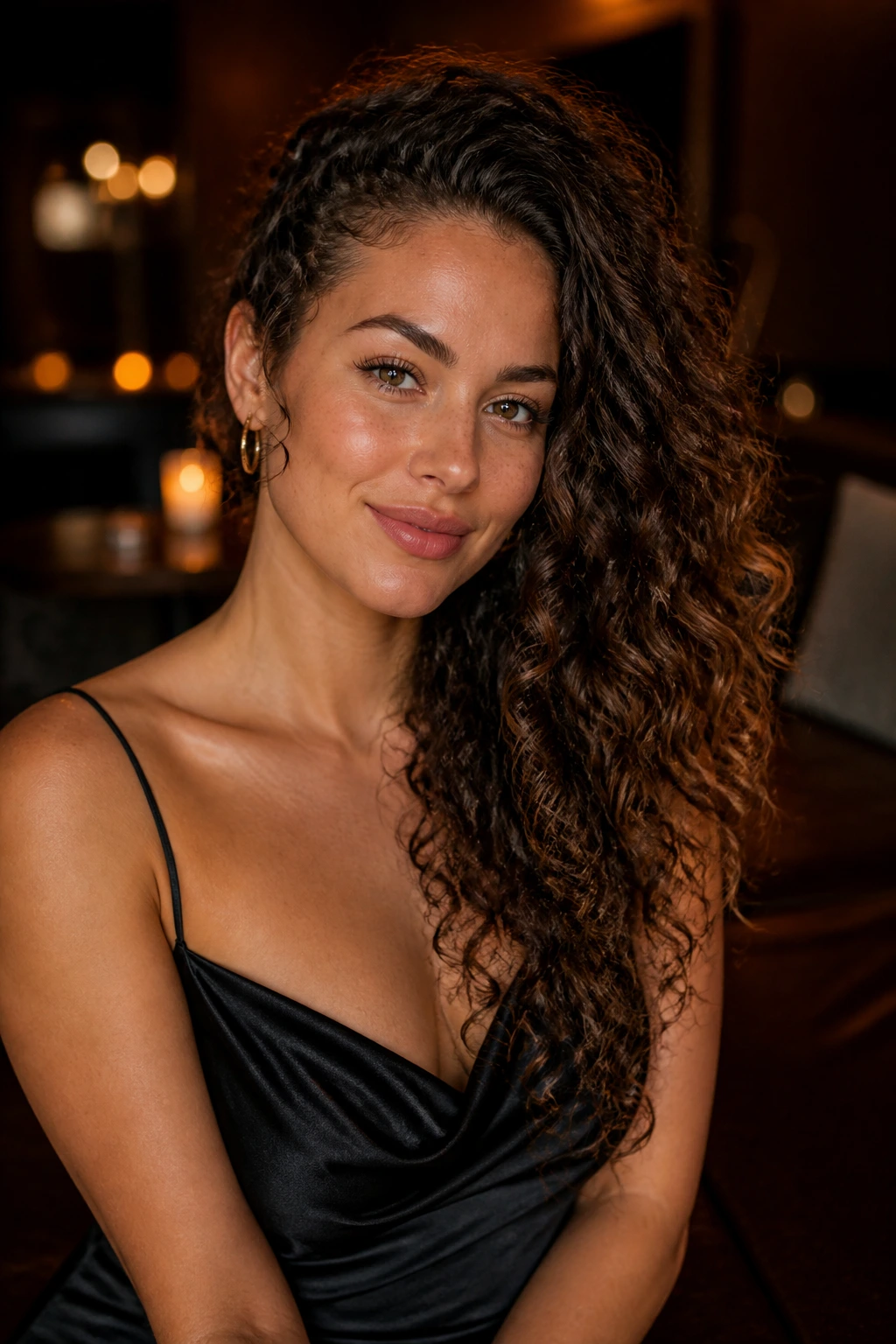 Close-up portrait of a woman with curls swept over one shoulder
