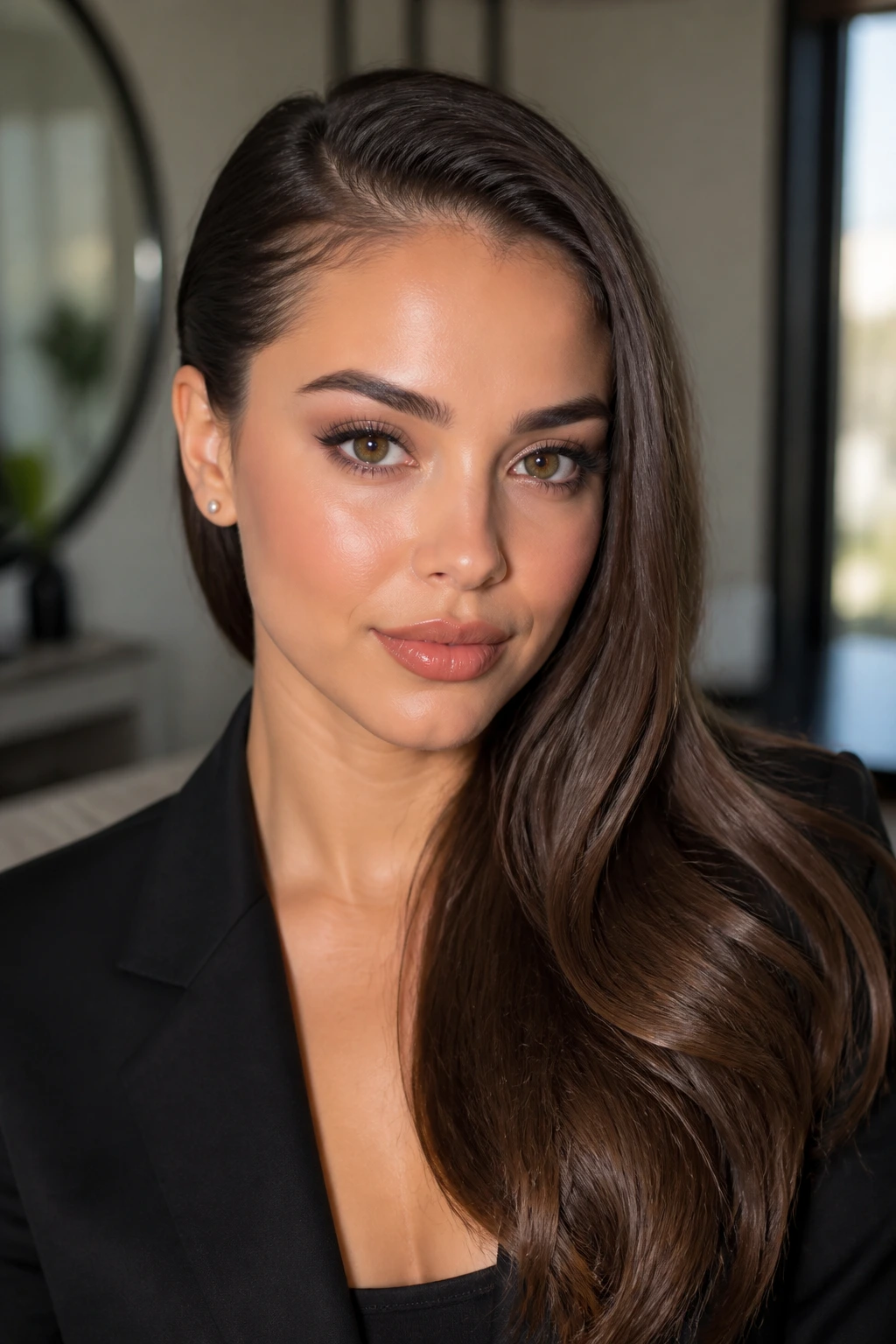 Close-up of a real person with a one-shoulder sleek tuck hairstyle.