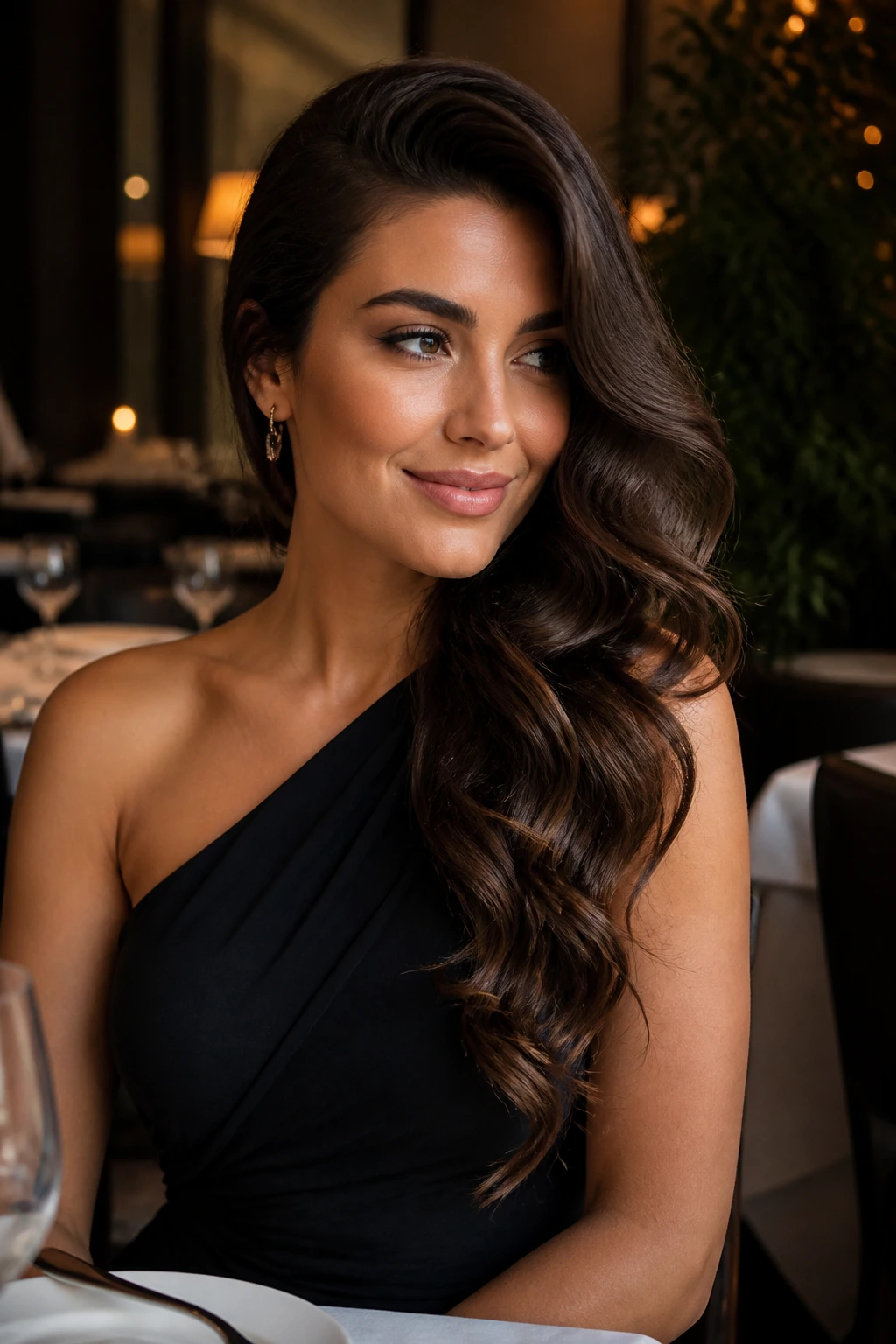 Portrait of a real woman with a one-shoulder cascade of waves over the shoulder.