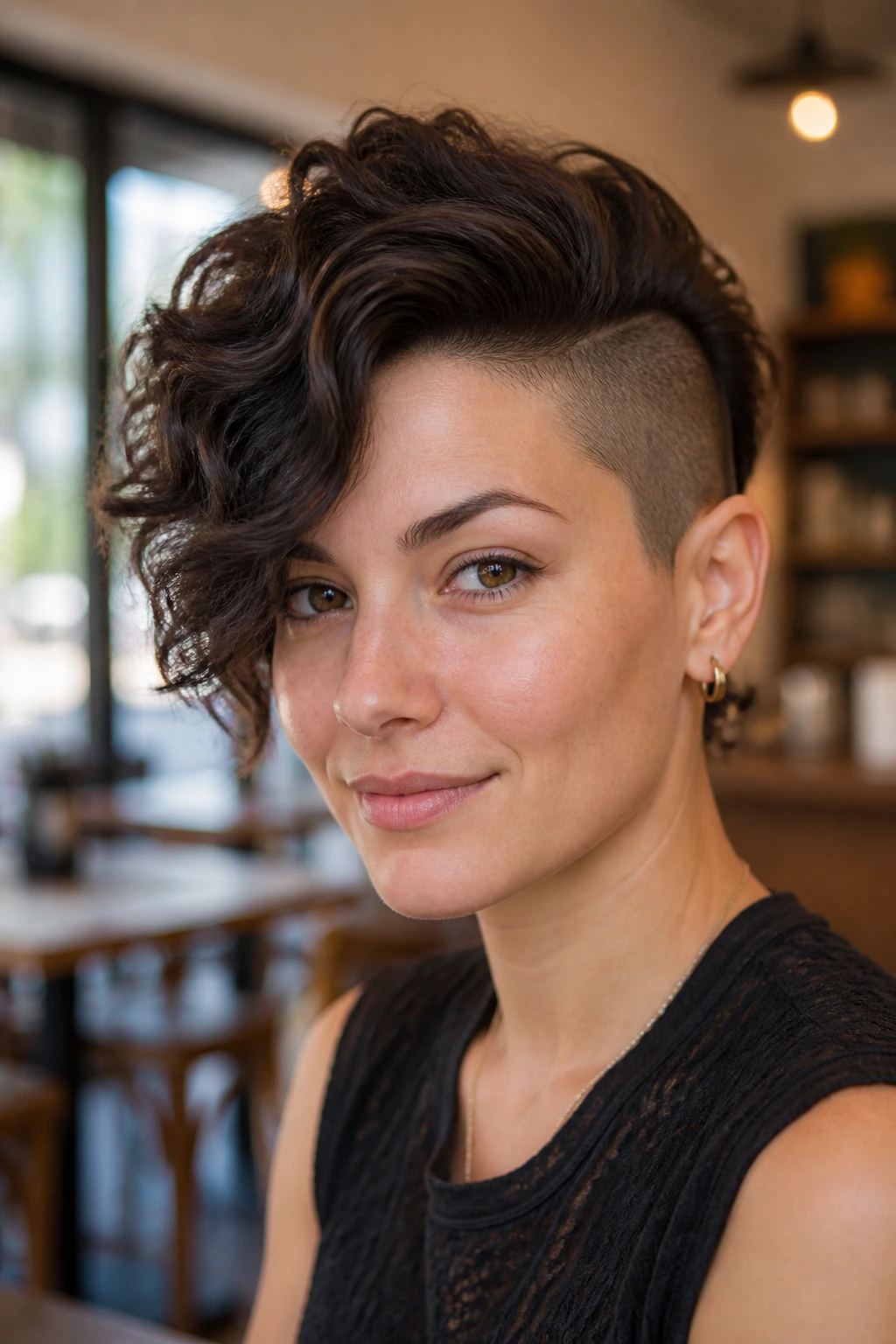 Portrait of a woman with one-side shaved pixie and long crown sweep.