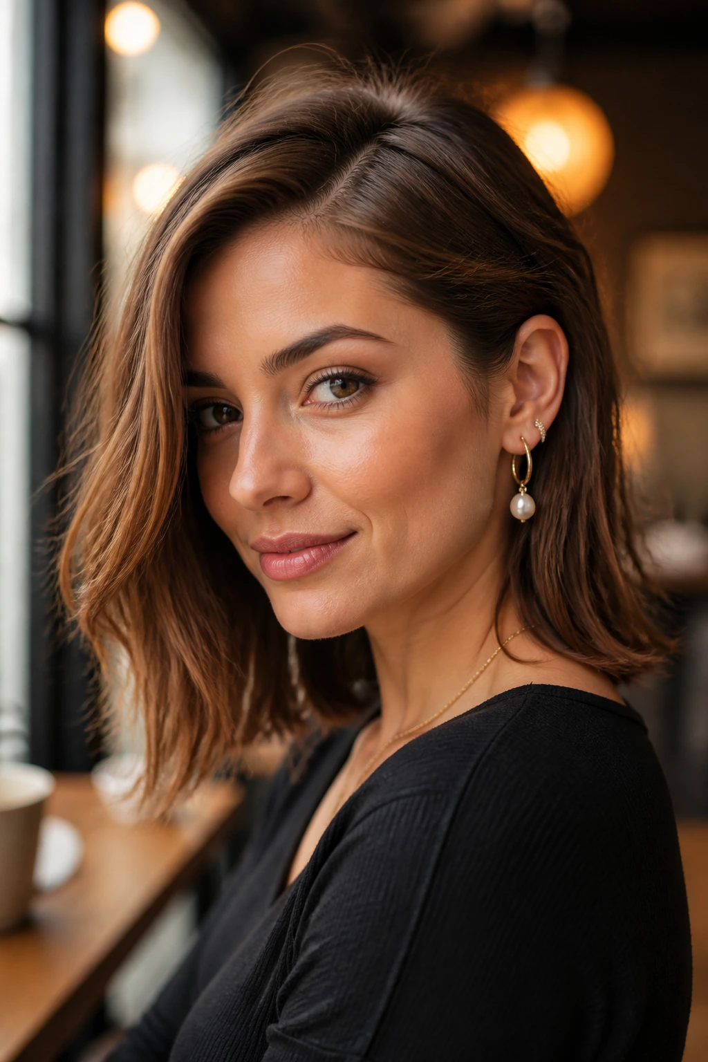 One-side tuck showing off earrings on a real woman