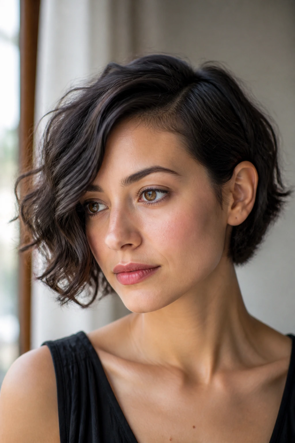 Close-up of a woman wearing a one-side tucked French bob, jawline visible and soft curls.