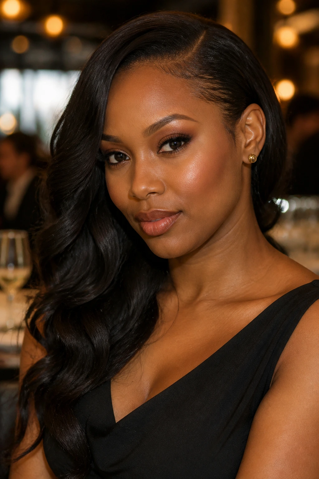 Portrait of a woman with one-side-tucked glam waves highlighting cheekbone