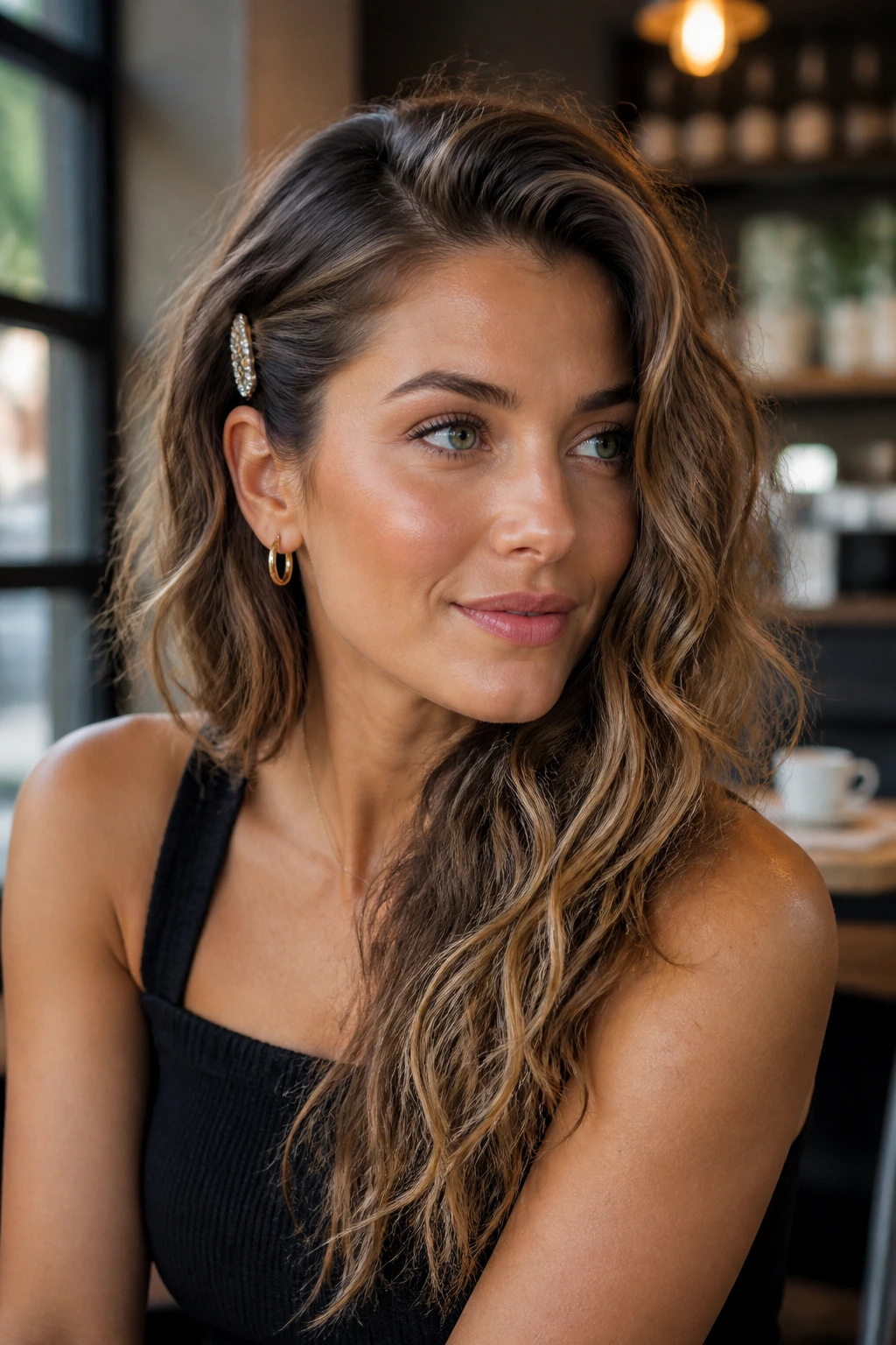 Portrait of a woman with one-sided pinned waves behind the ear.