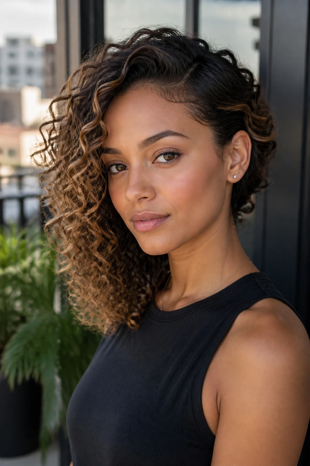 Woman with one-sided tuck and voluminous curls with caramel highlights