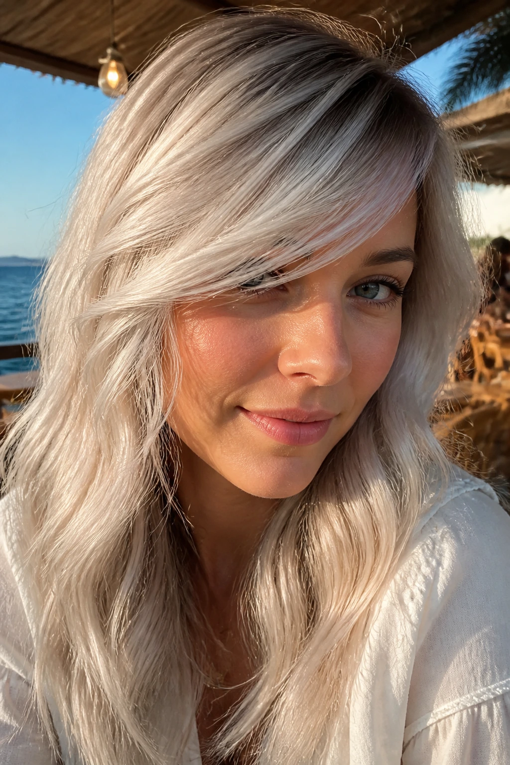Close-up of a real woman with opal blonde balayage and side-swept bangs