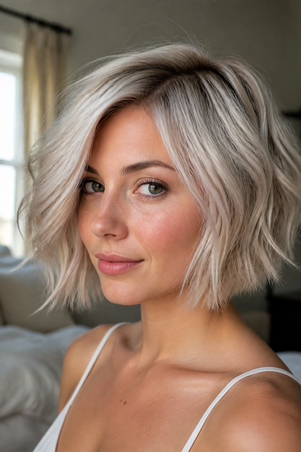 Close-up portrait of a woman with an opal blonde textured bob in soft bedroom window light