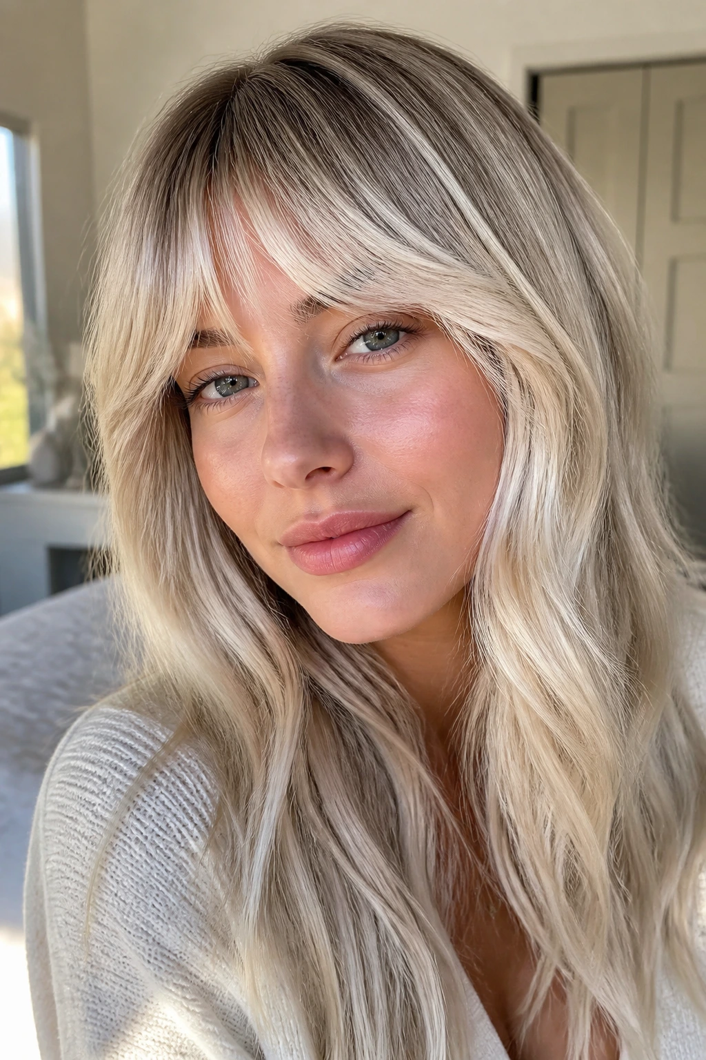 Close-up of a person with opal blonde highlights and soft arched bangs