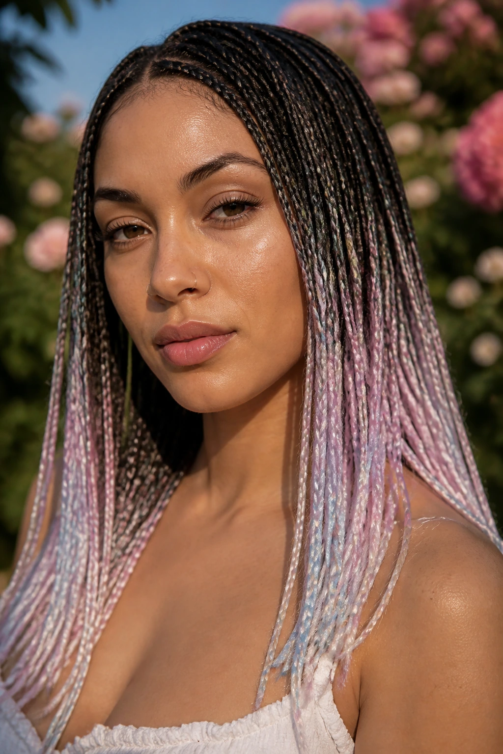 Close-up of a woman with opal-dipped micro braids