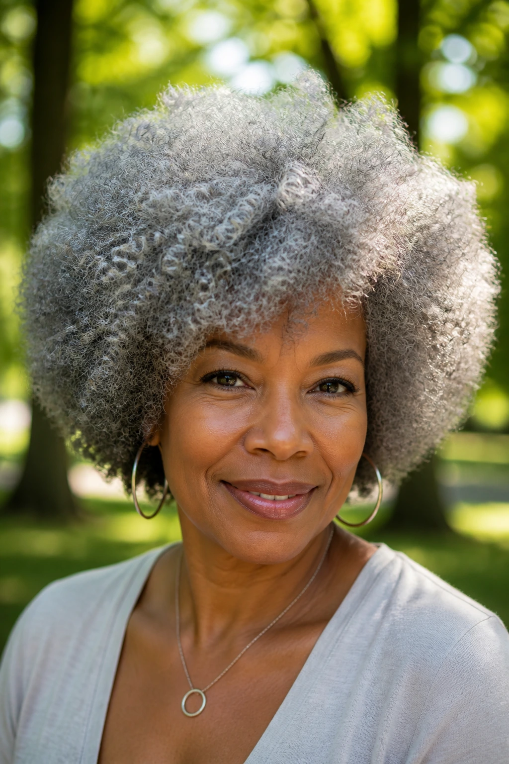 Close-up of a real woman with Opal Gray Afro.