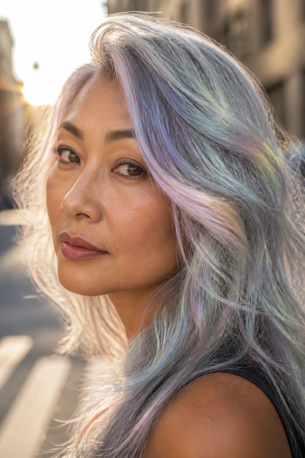 Opal grey rainbow hair with subtle lavender blue and green flashes