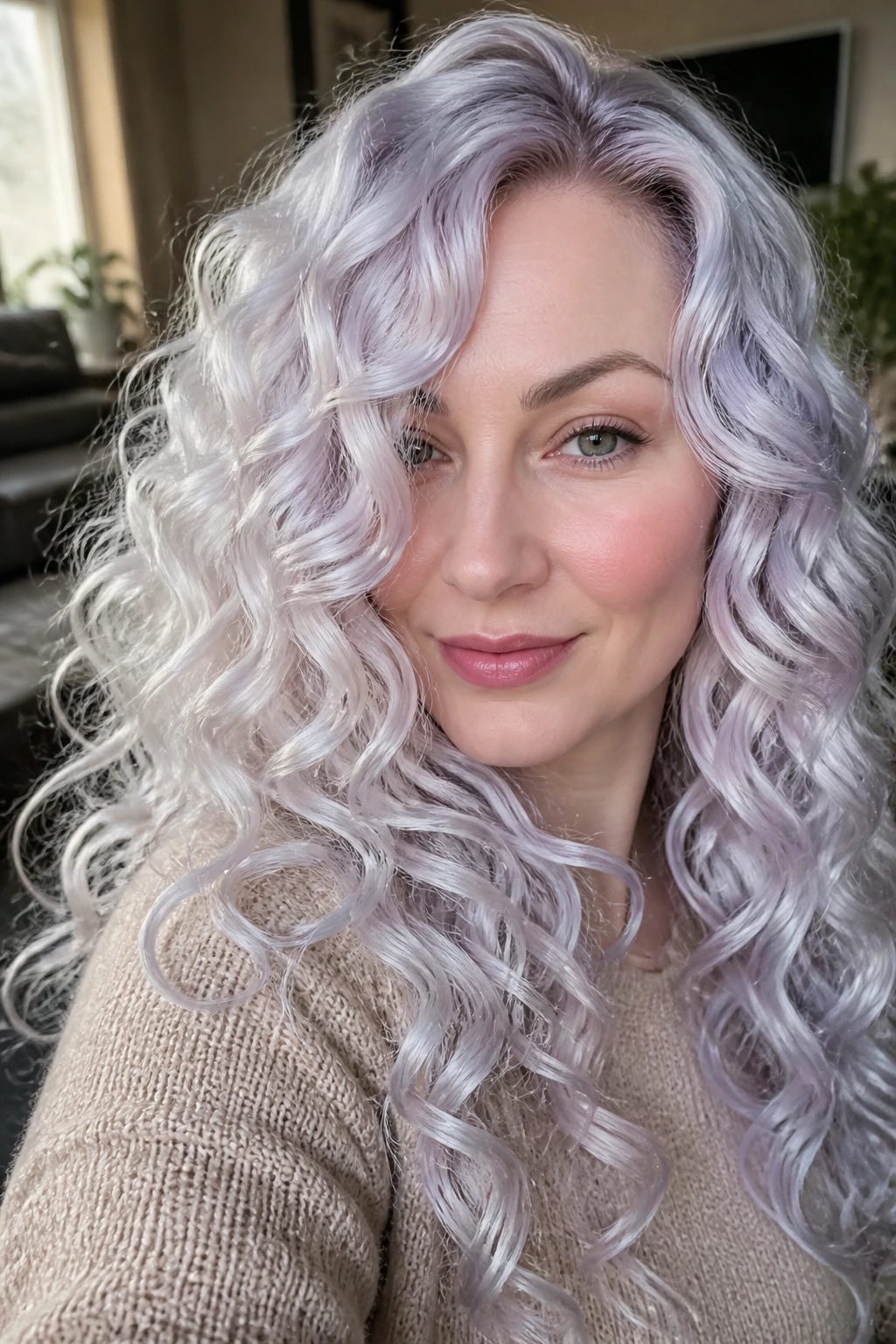 Close-up of iridescent opal platinum curls catching light
