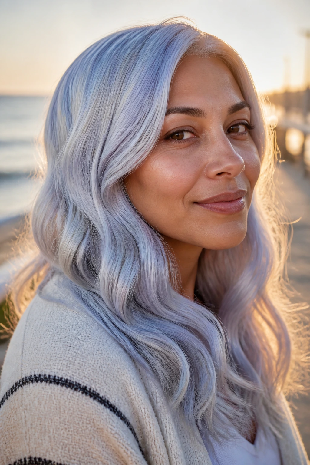 Close-up of a real woman with opal silver waves hair catching light