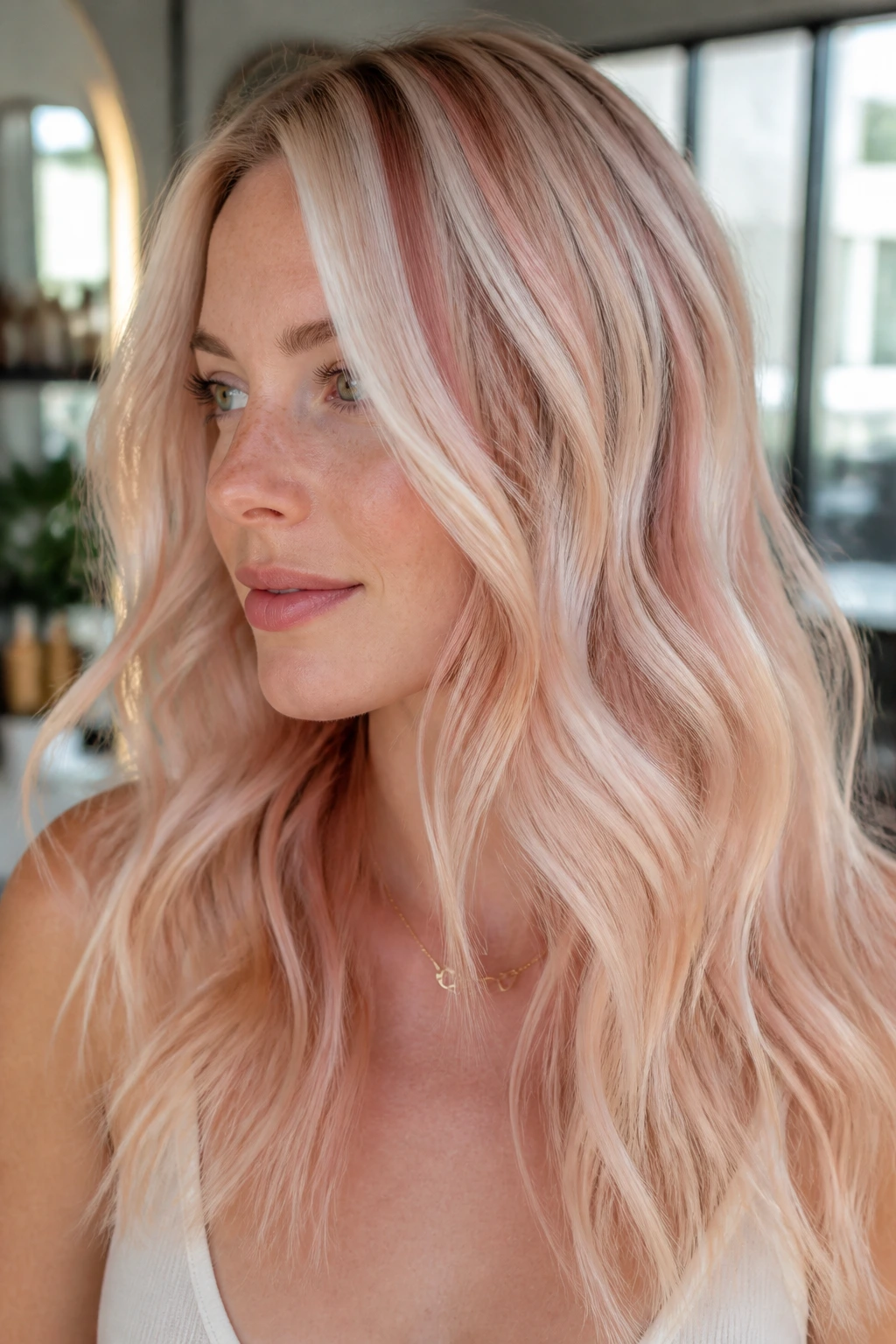 Opal Veil Highlights: hair with white, pearl, blush, and beige tones on a real woman.