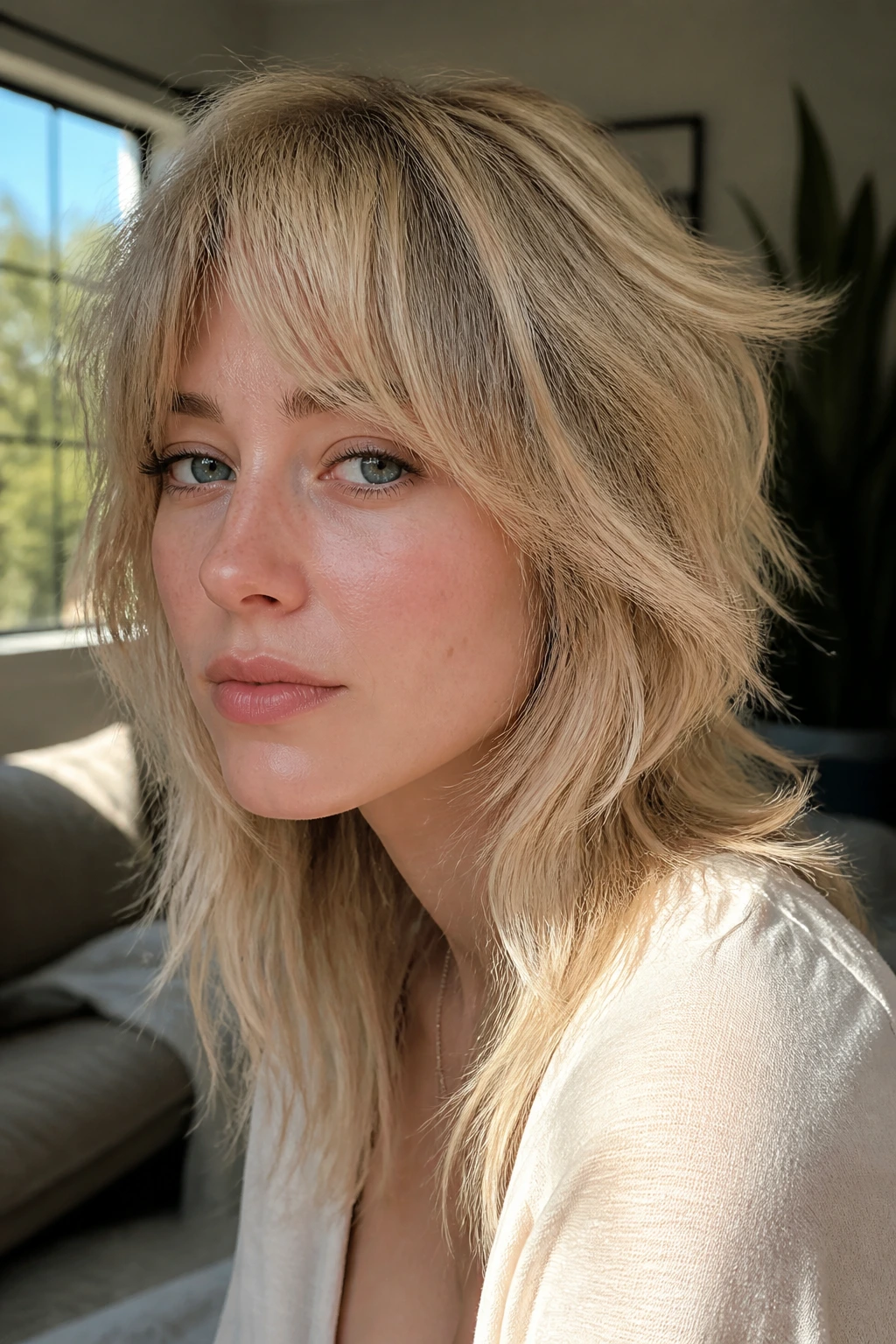 Close-up portrait of a real woman with warm opal wolf cut, bright face-framing highlights