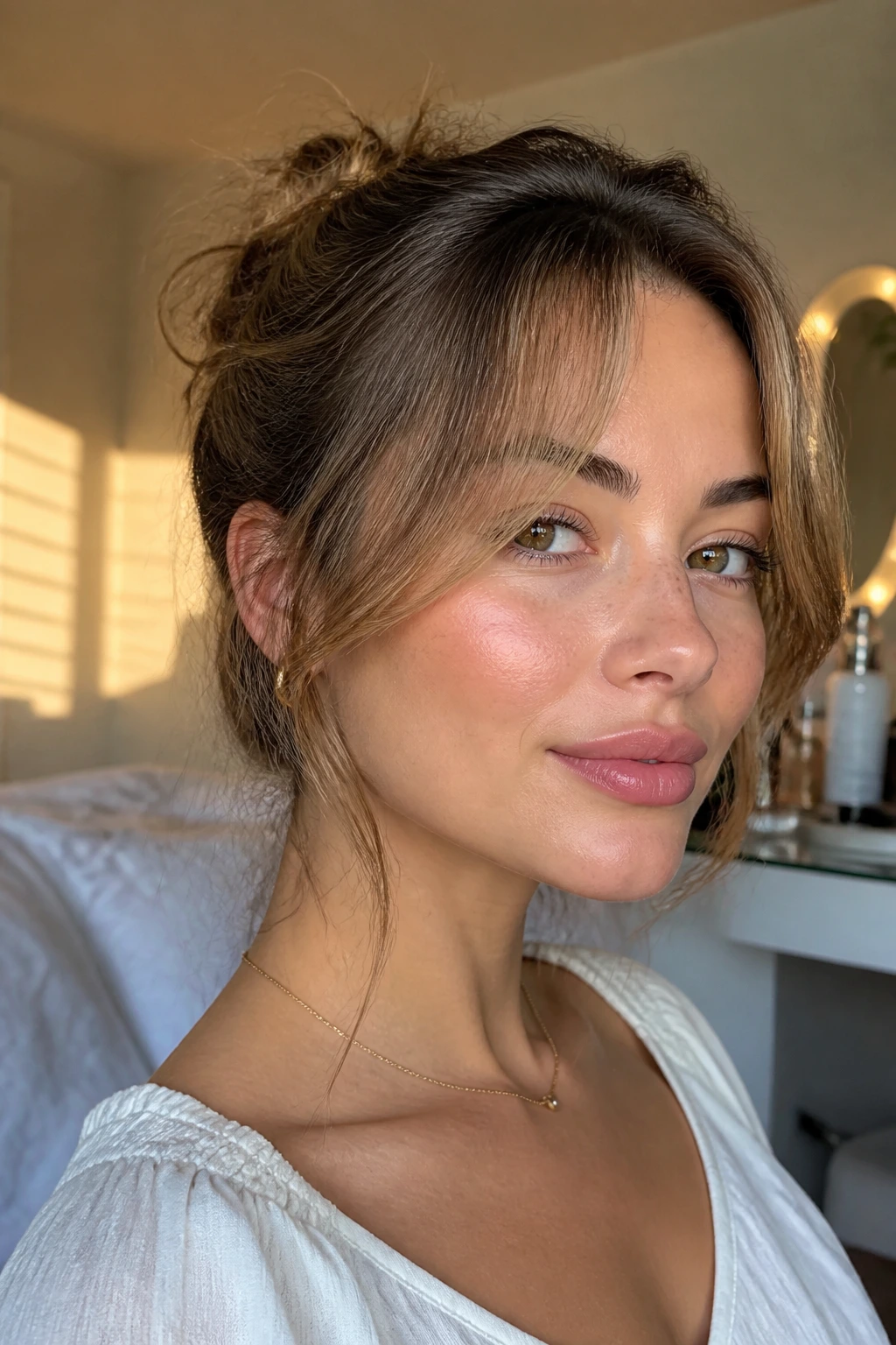 Portrait of a real woman with curtain bangs opened at the cheeks showing hinge styling.