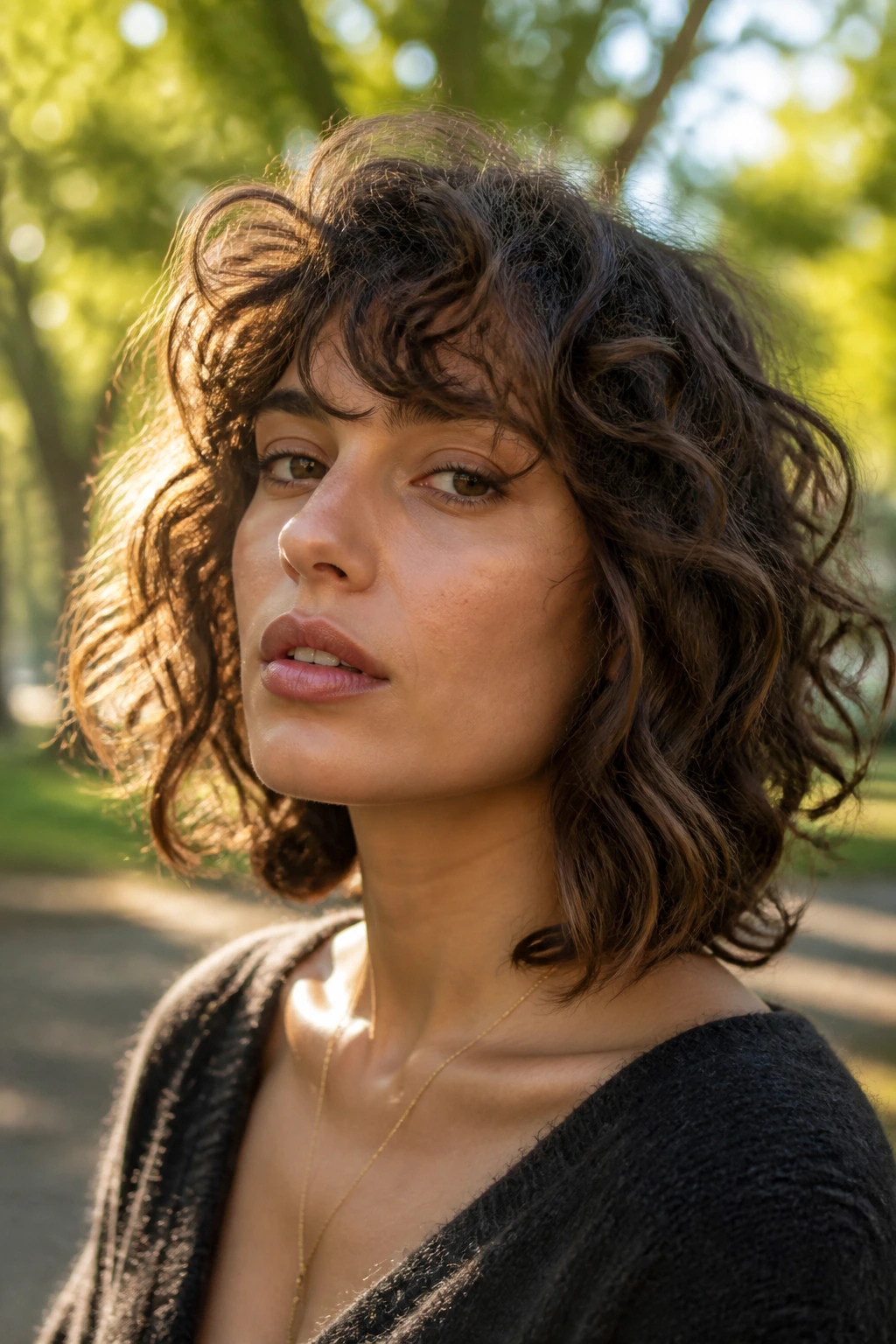 Close-up of real woman with open-jawline shag lob and loose ends.