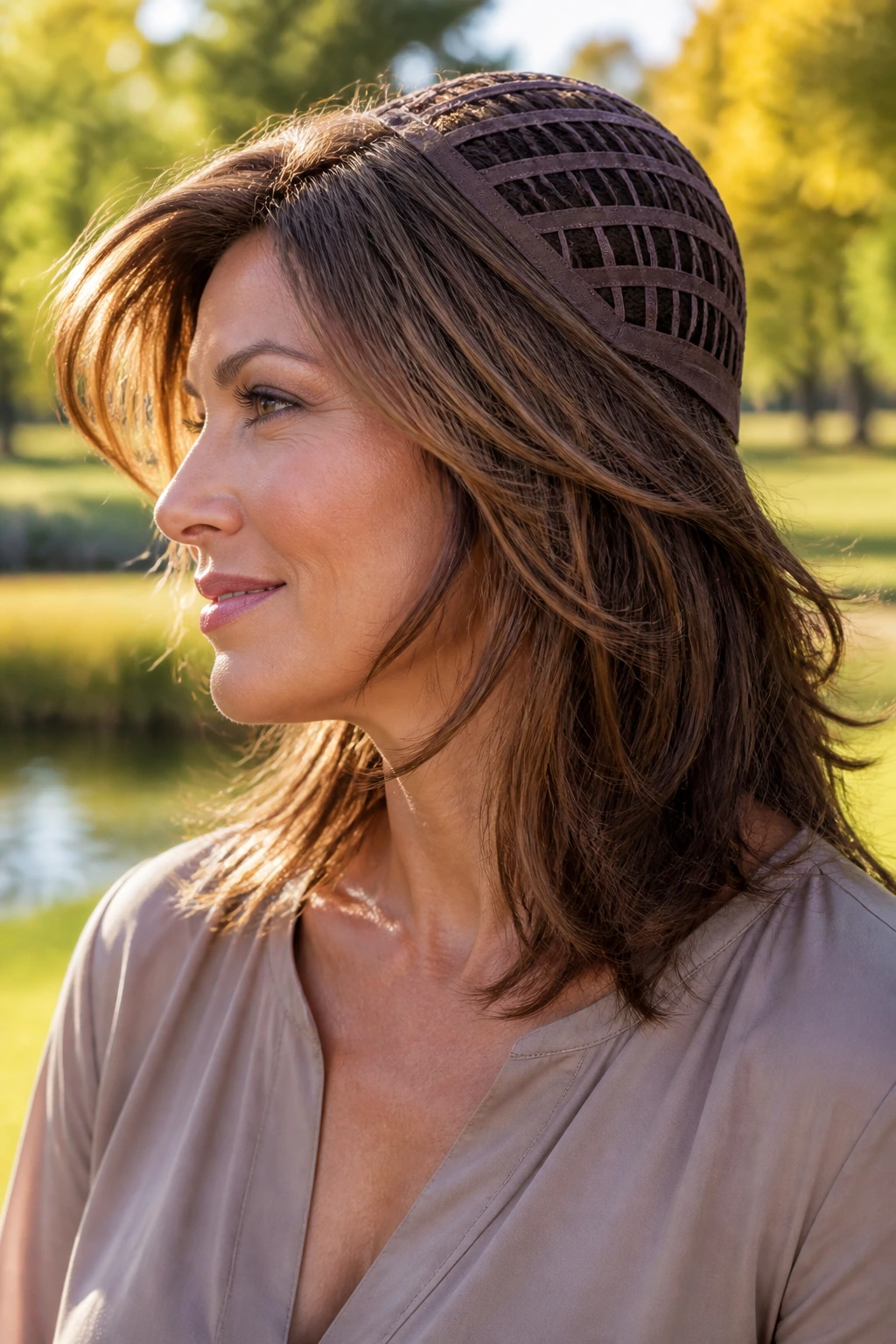 Close-up portrait of a real woman wearing an open-weft back wig in a sunlit park