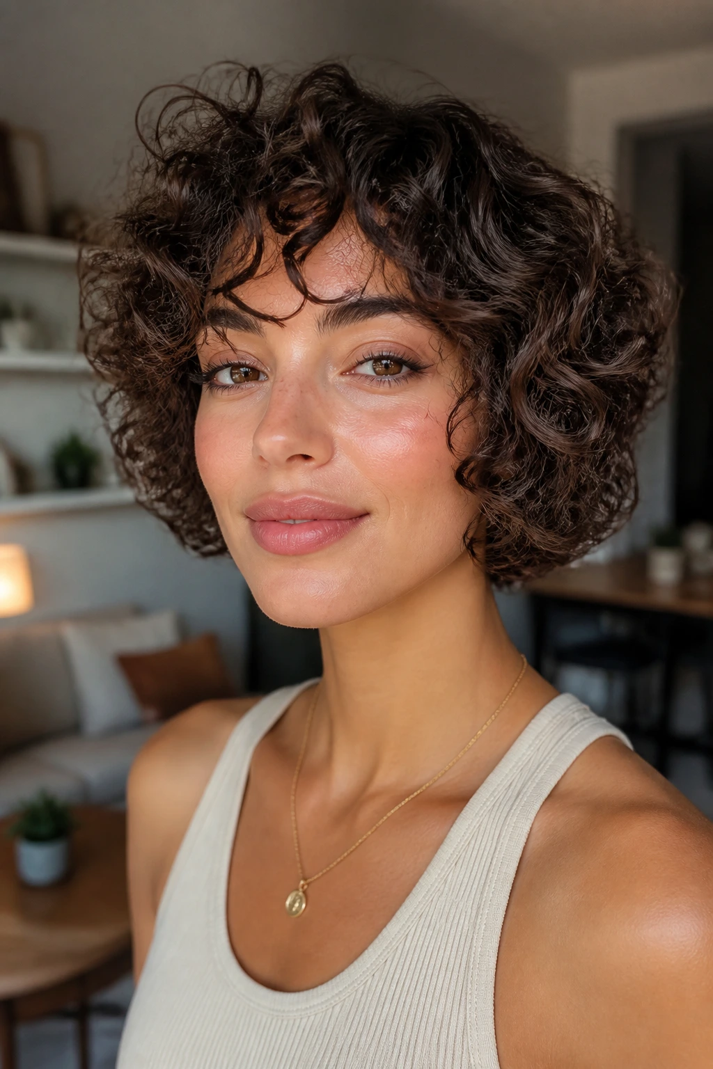Portrait of a woman with orb bob hairstyle in natural light.