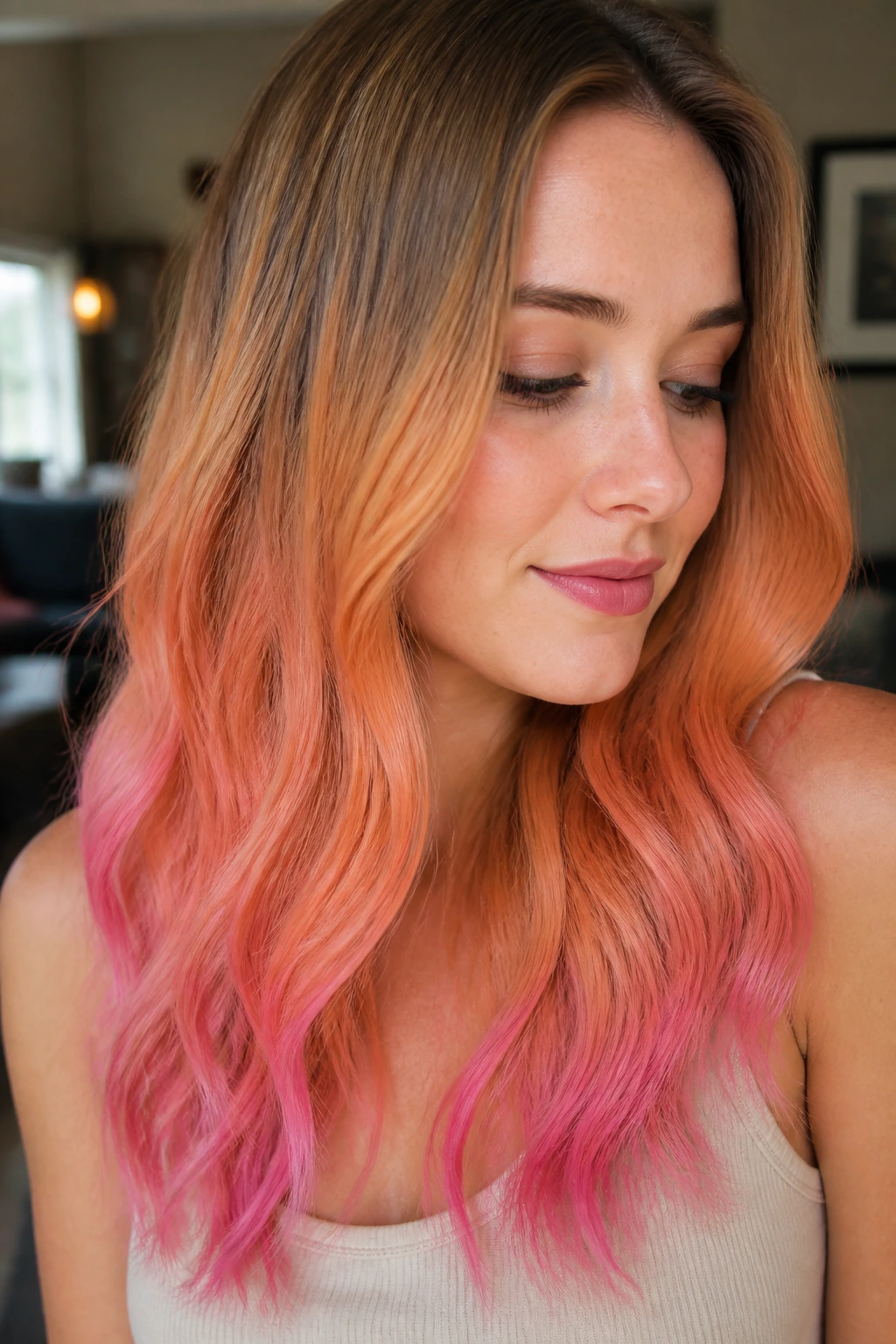 Real woman with orchid-tinted papaya ends on long hair