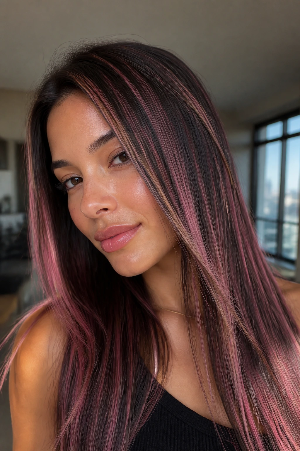 Real woman with orchid pink ribboning hair and glossy ribbons