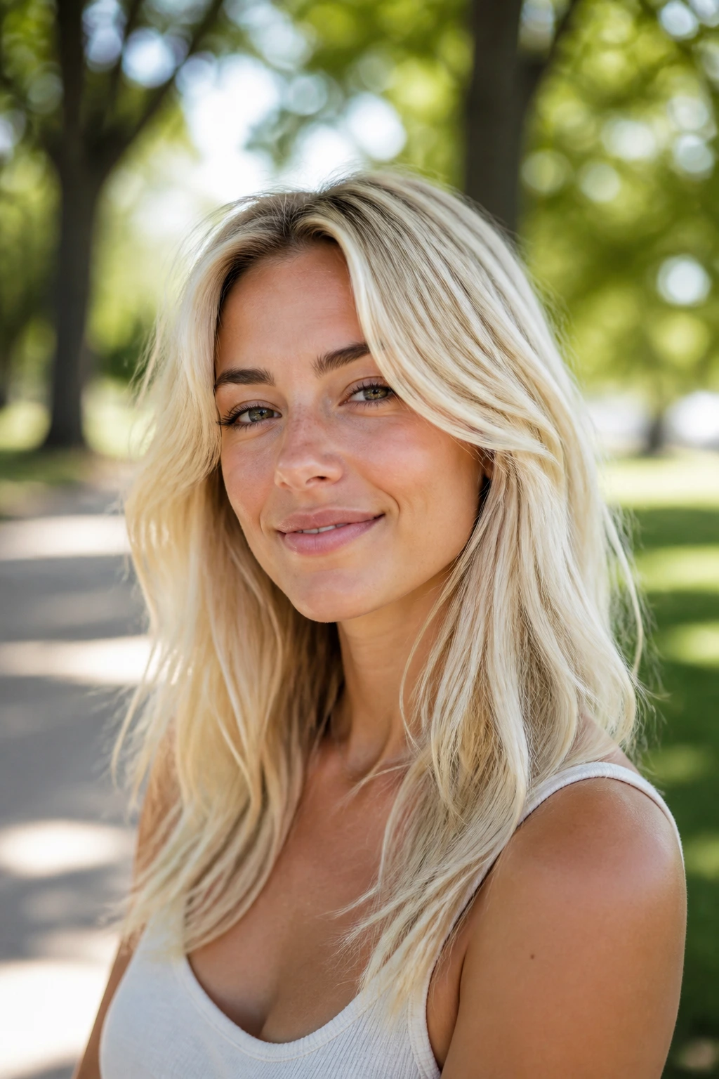 Outdoor portrait of bright cool-toned blonde hair