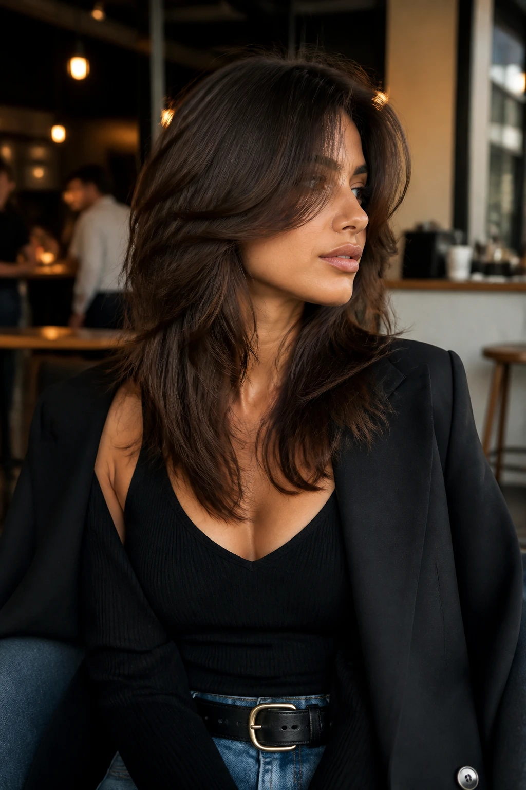 Portrait of a real person showing how the cropped hairstyle pairs with a chic outfit