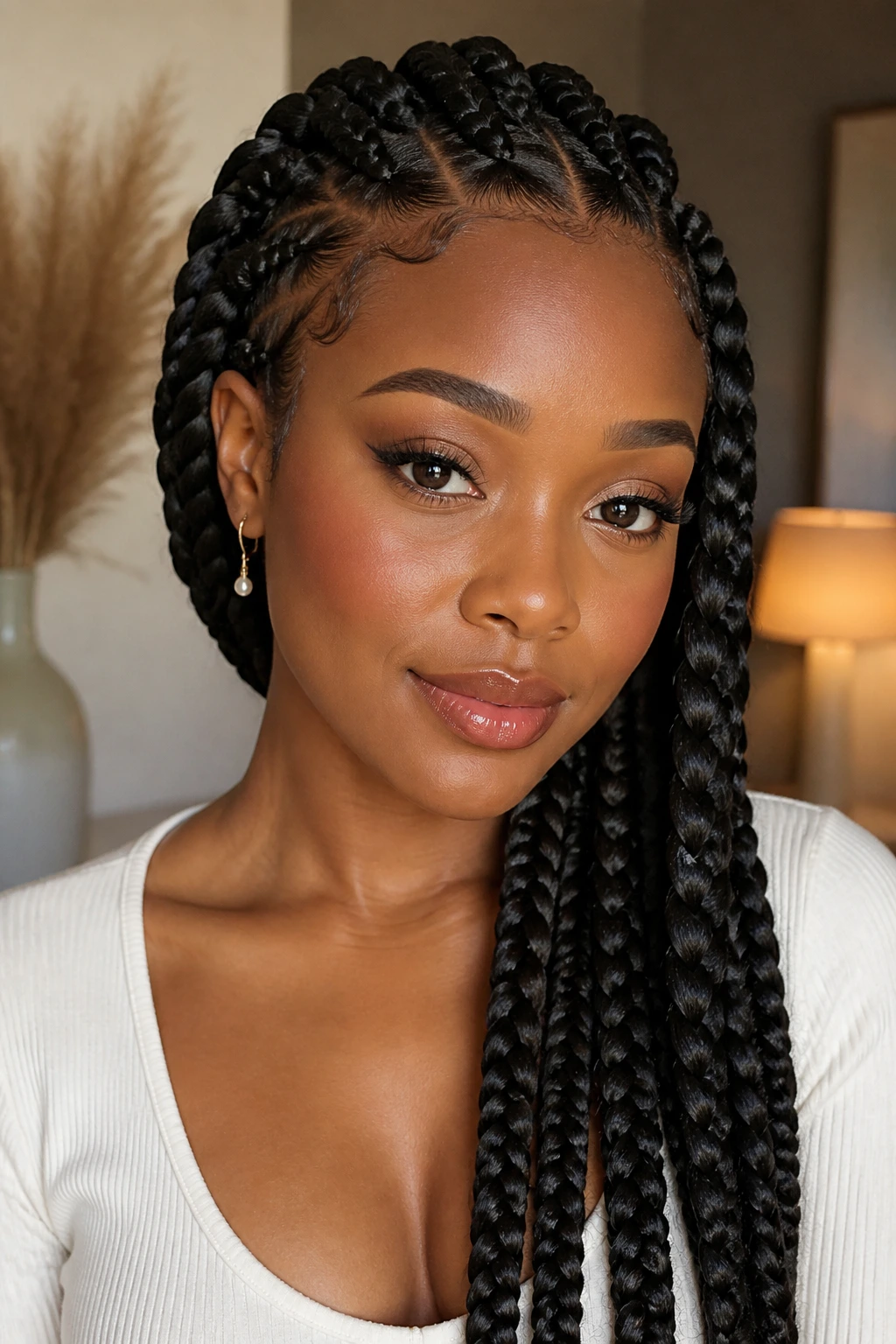 Portrait showing hair with simple outfit and delicate jewelry.