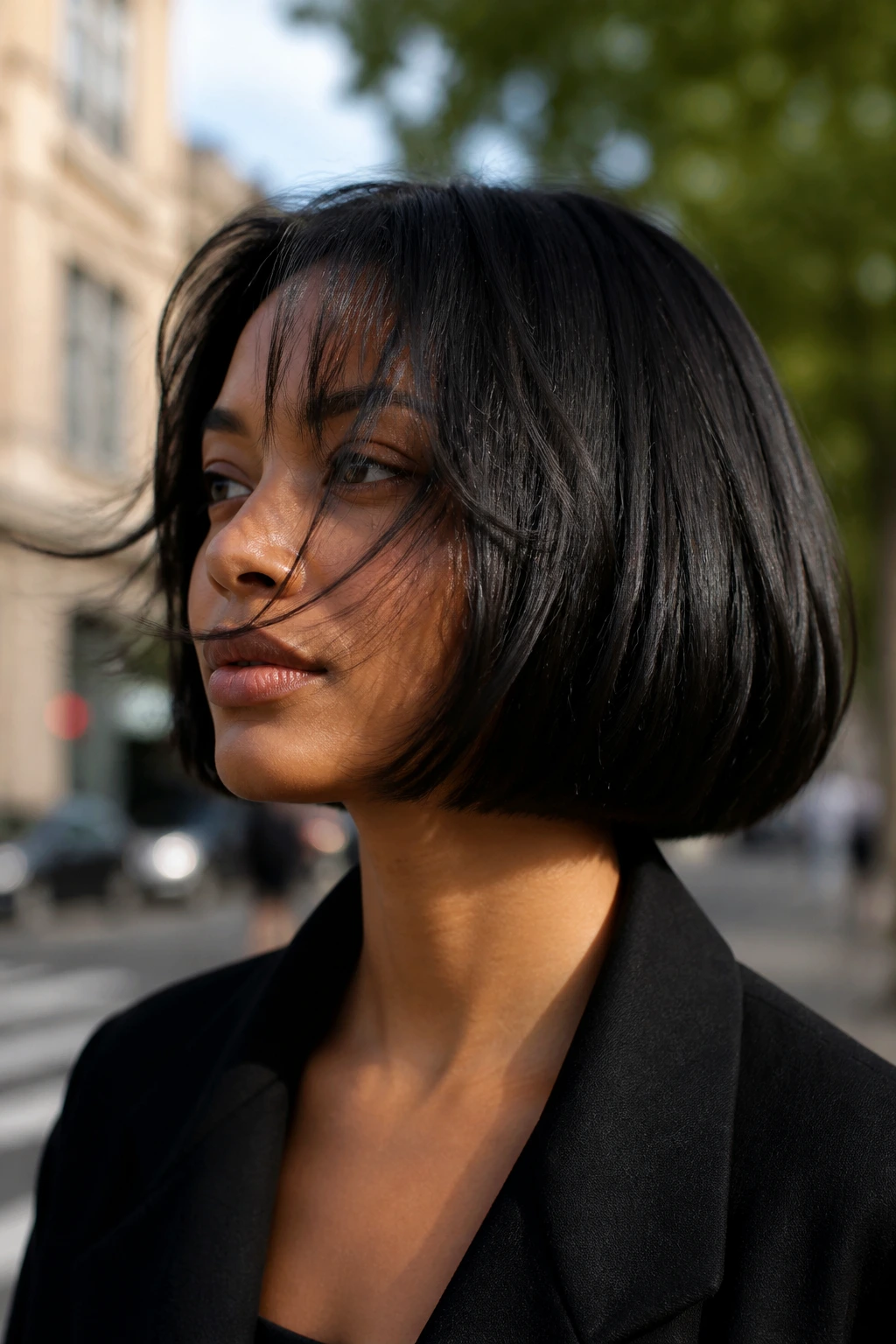 Real woman with a strongly outlined perimeter bob in windy outdoor setting.