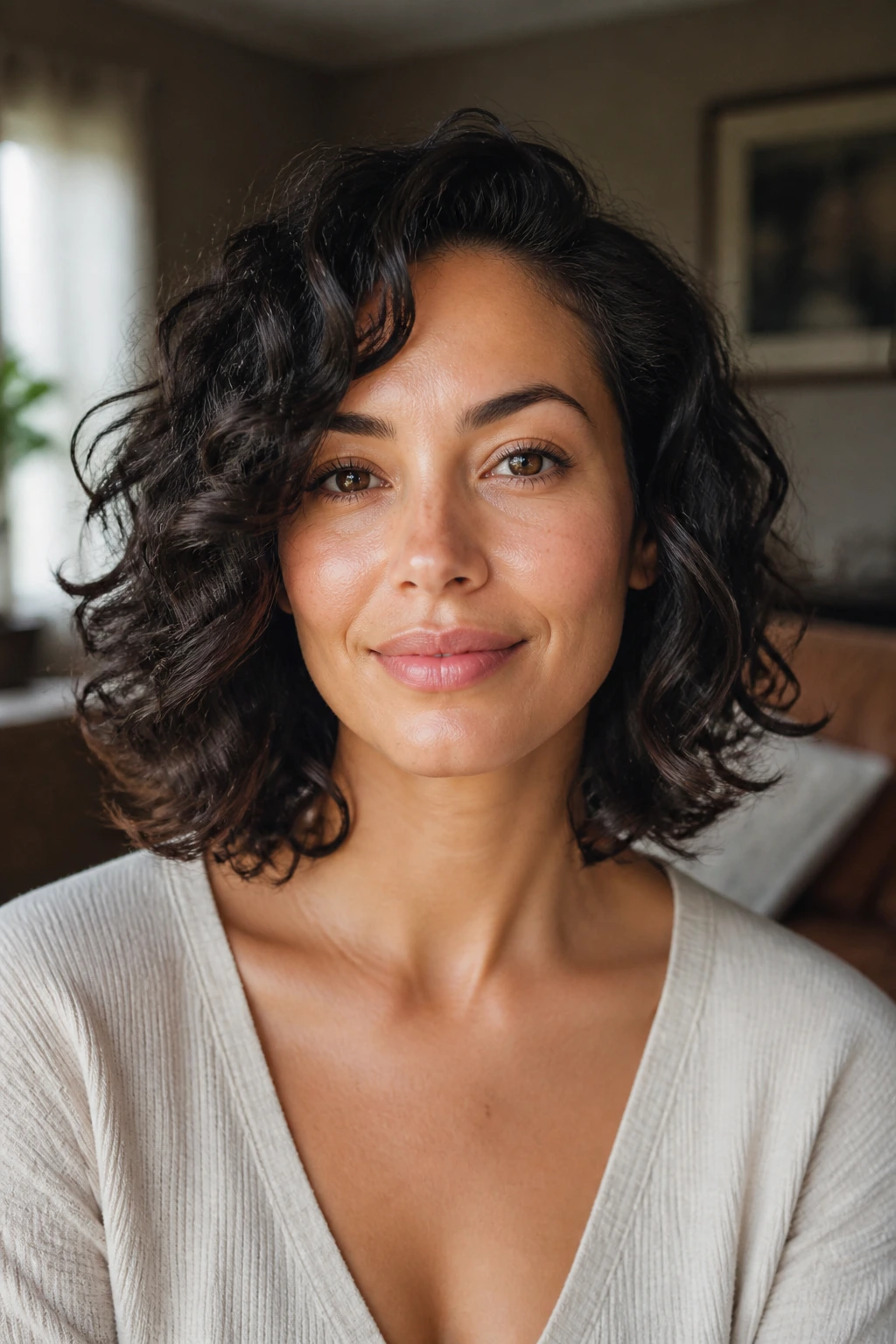 Close-up portrait of a real woman showing outward-curving curly ends away from the jaw.