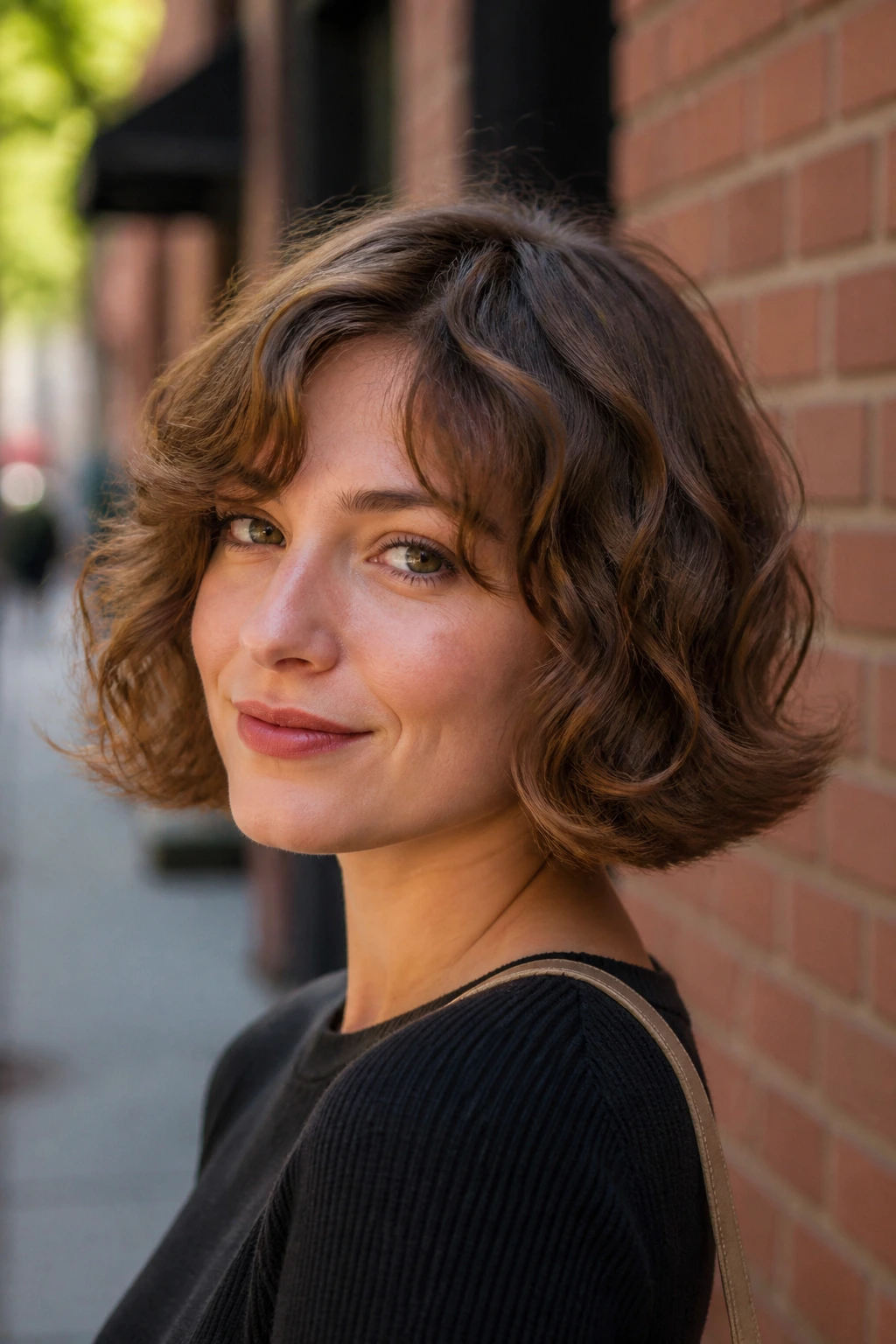 Portrait of a real woman with an outward flip at the chin-length bob ends