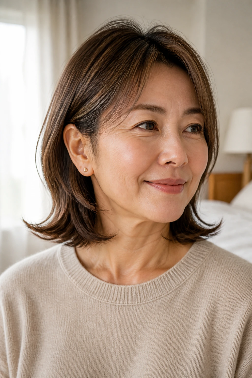 Close-up portrait of woman with outward-flip collarbone-length hair