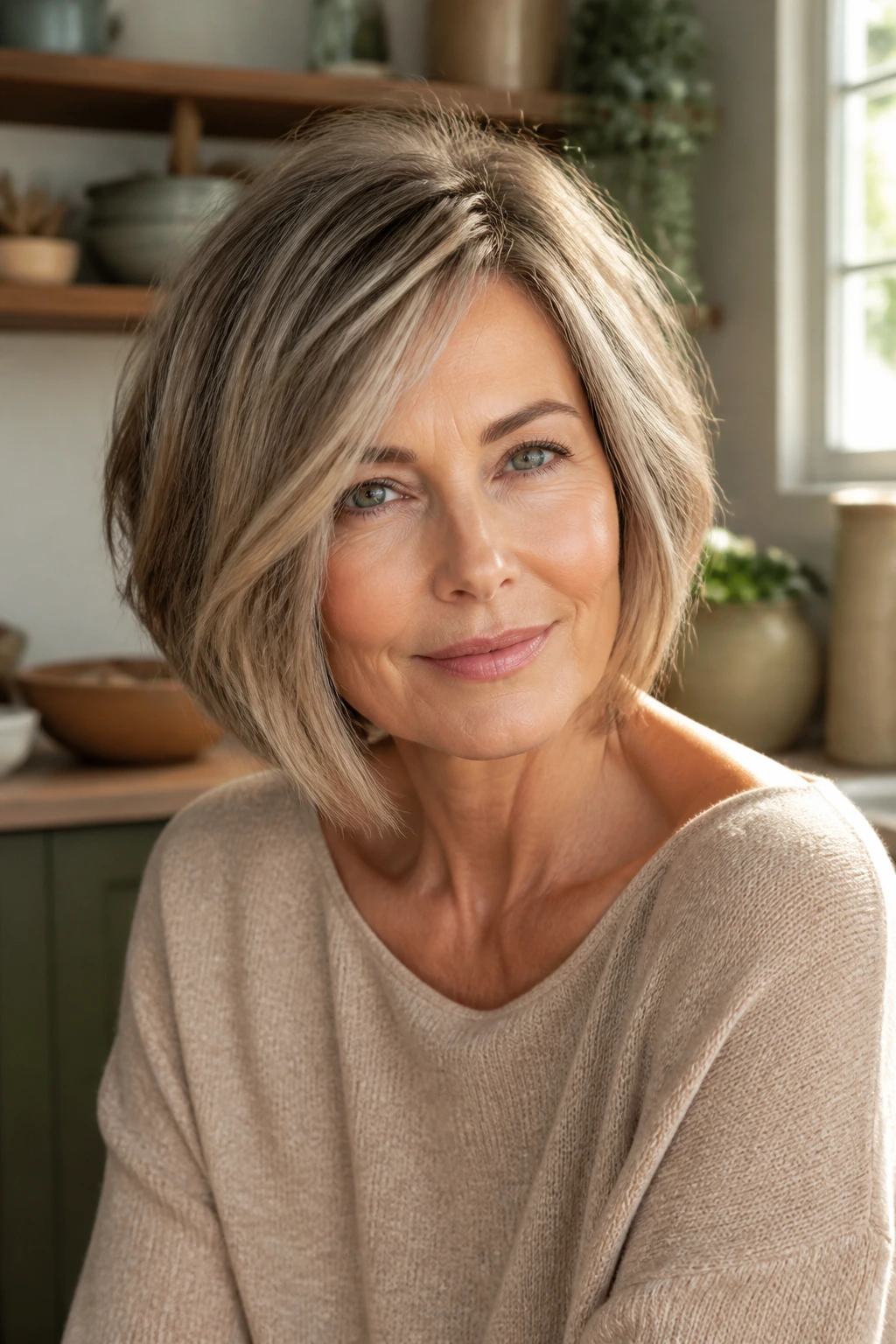 Close-up portrait of a real woman with oval-balanced angled bob in morning kitchen light