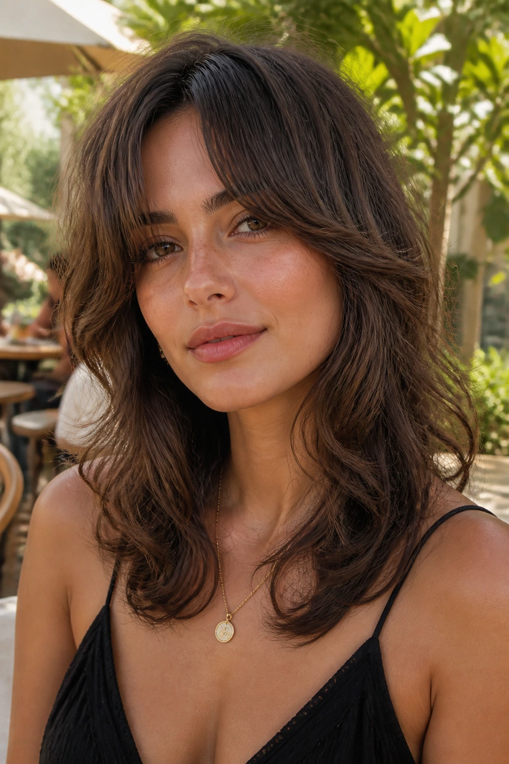 Close-up portrait of a real woman with oval face and balanced shag in an outdoor cafe