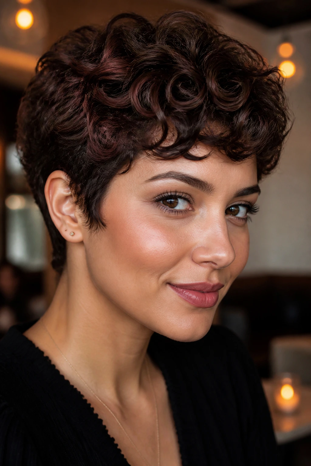 Close-up of a real person with an oval curly pixie and mulberry-brown lowlights under warm light