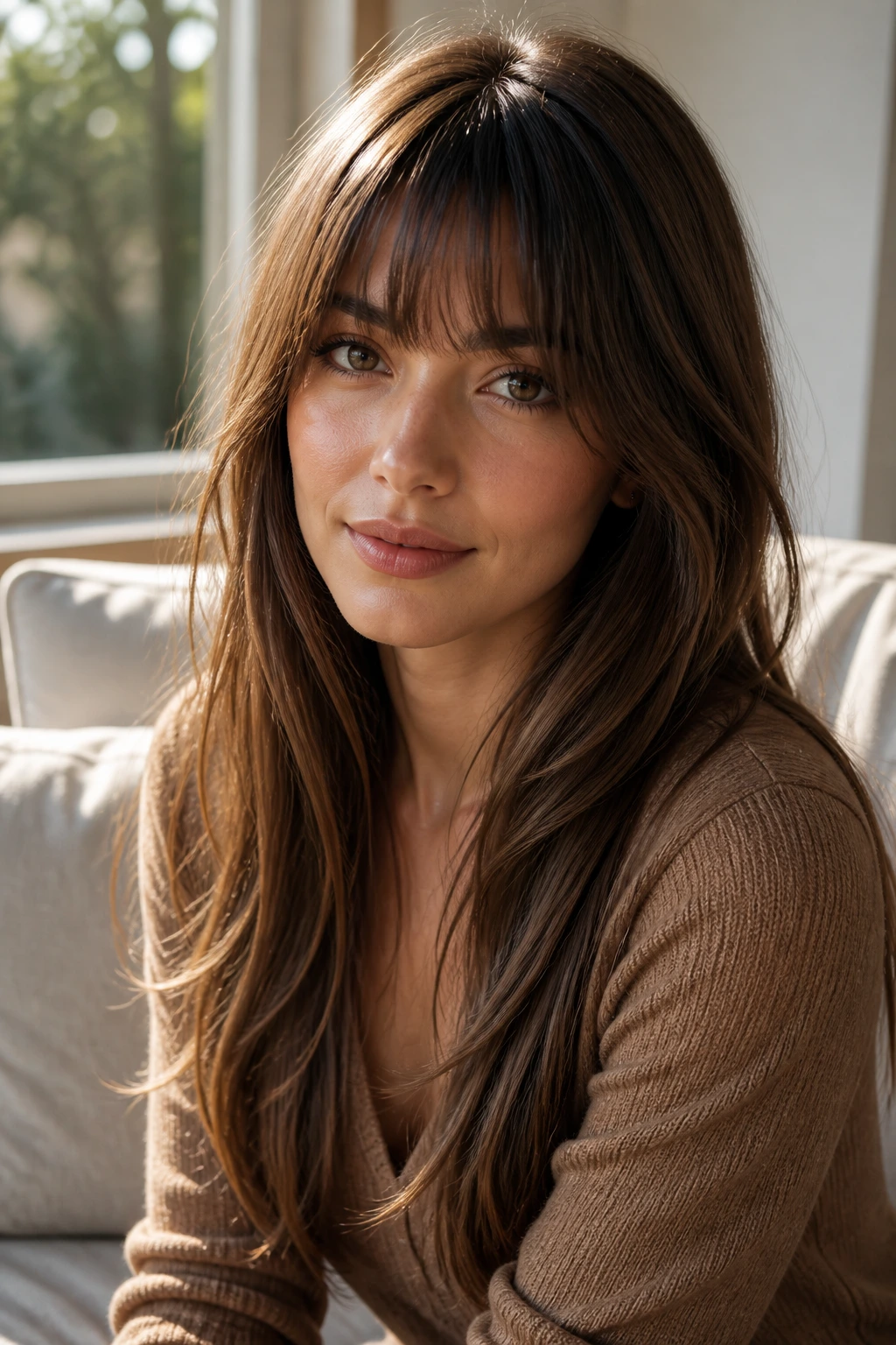 Portrait showing how long layers and bangs balance an oval face with vertical movement.