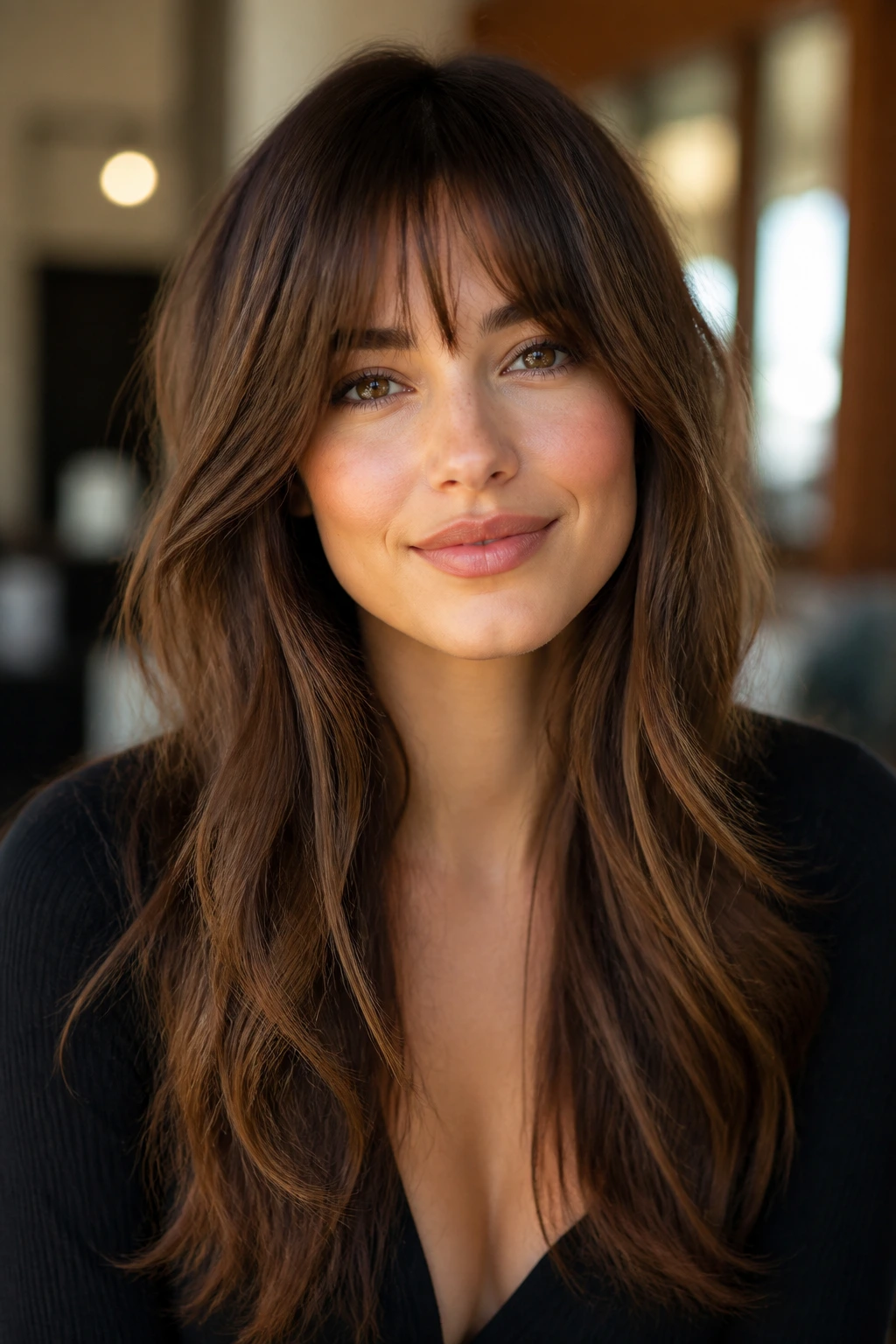 Portrait of an oval-faced person with balanced features, hair softly framed by long layers and bangs