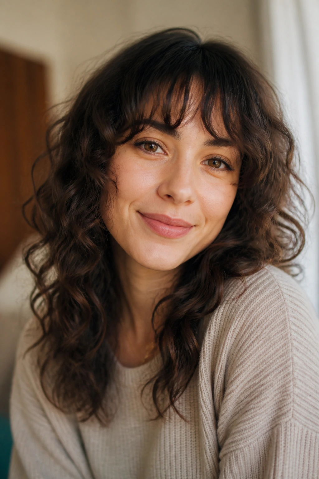 Portrait of an oval-faced person with a cheekbone-framing fringe in warm light