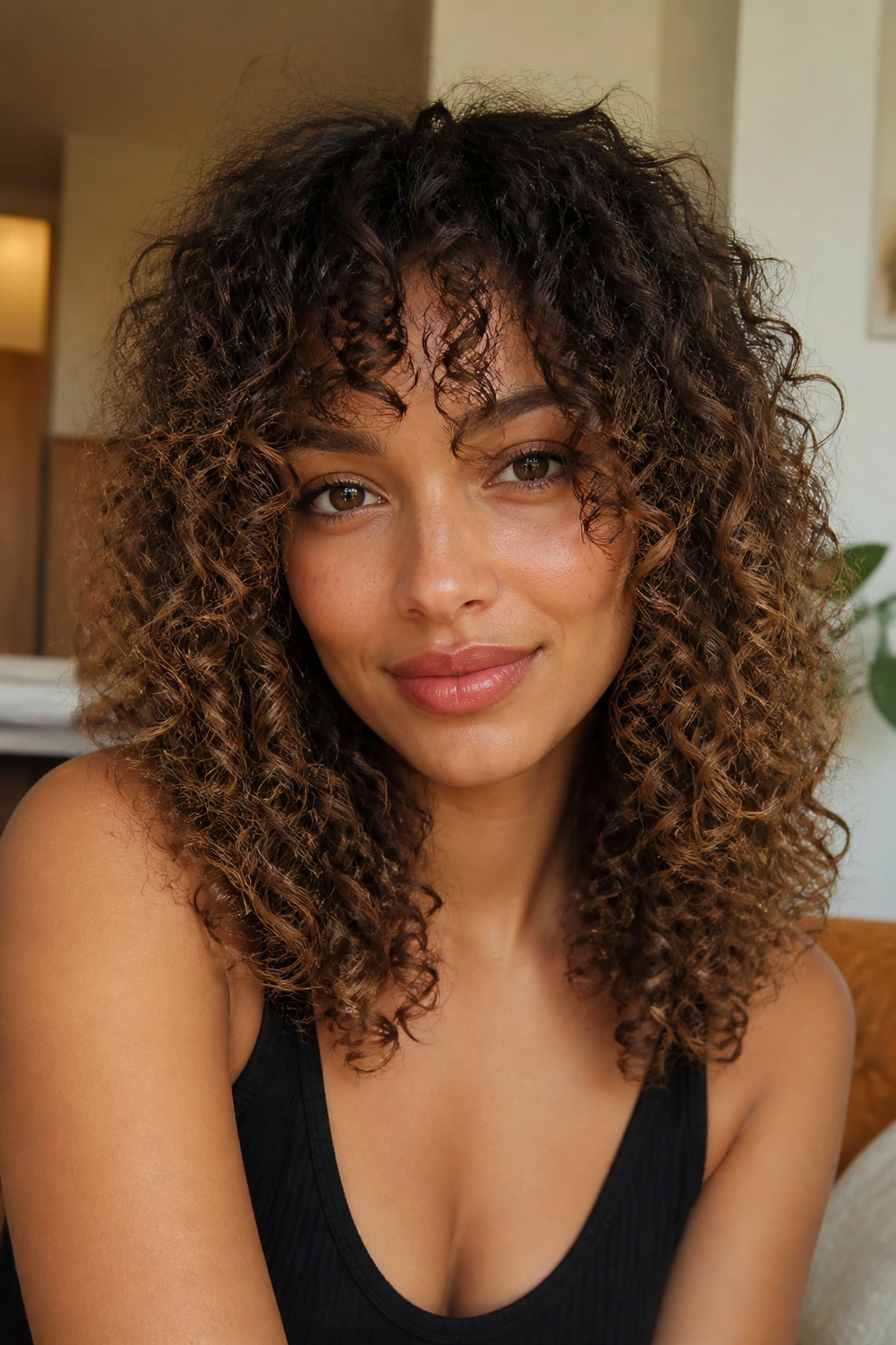 Portrait of a real person with face-framing fringe suited for an oval face.