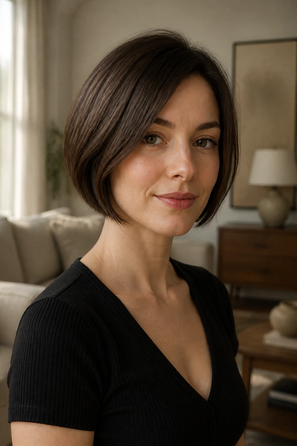 Portrait of a real woman with a jaw-length bob on an oval face in warm natural light