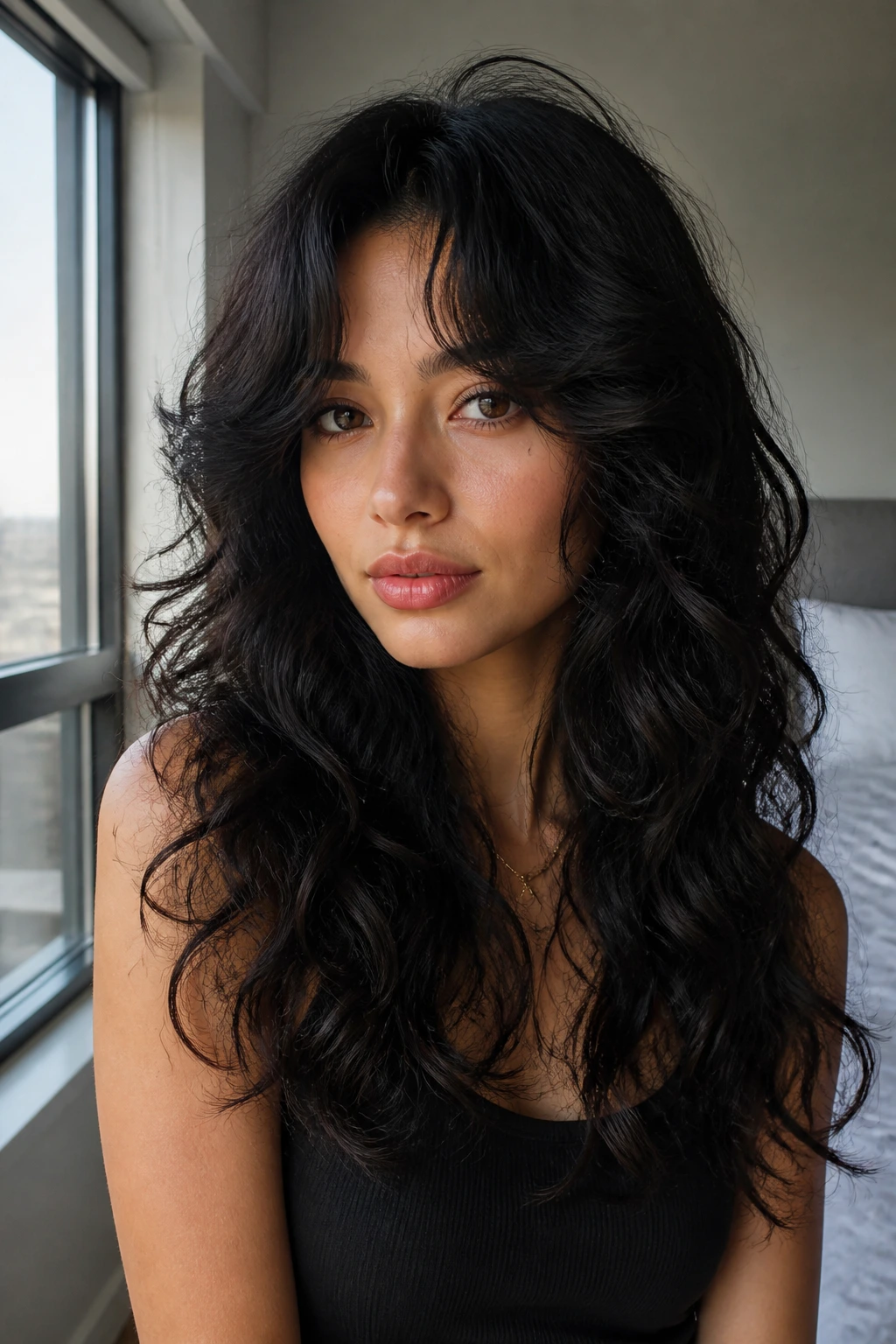 Close-up portrait of a real person with oval face and cheekbone curtain bangs.