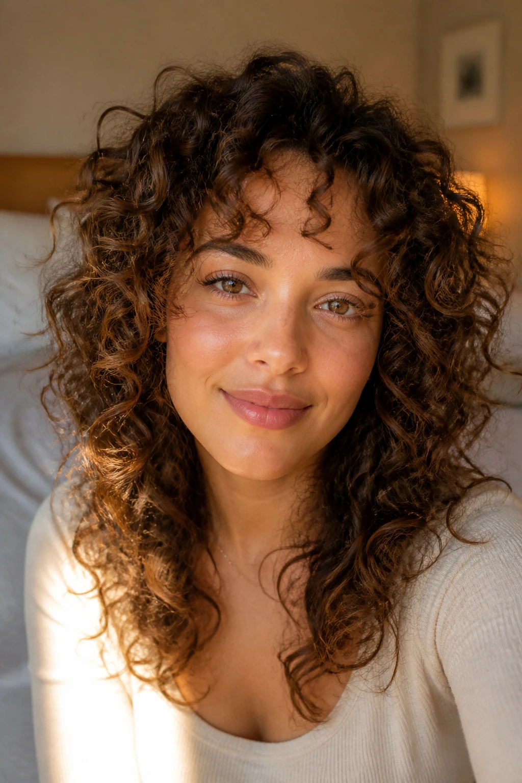 Close-up of a real woman with curly hair and an oval face showing balanced cheek framing and crown lift
