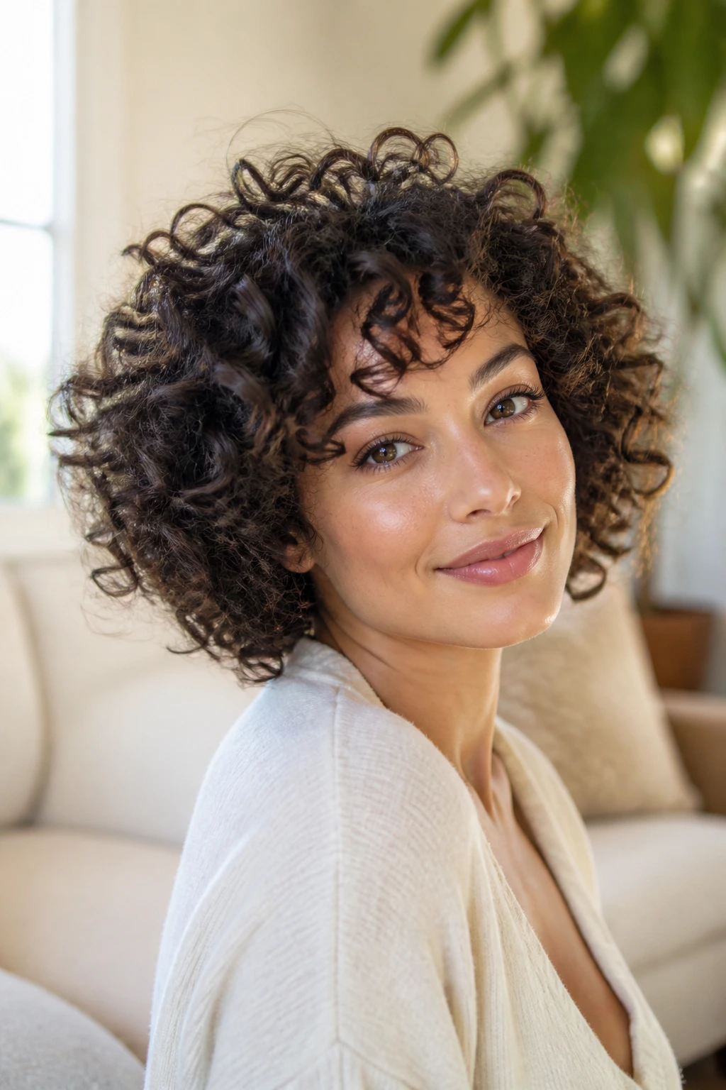 Close-up portrait of a woman with curly hair framing an oval face in a sunlit living room.