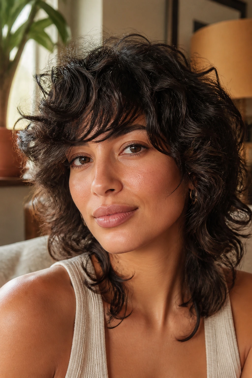 Close-up portrait of a real woman with oval face and diagonal fringe curls