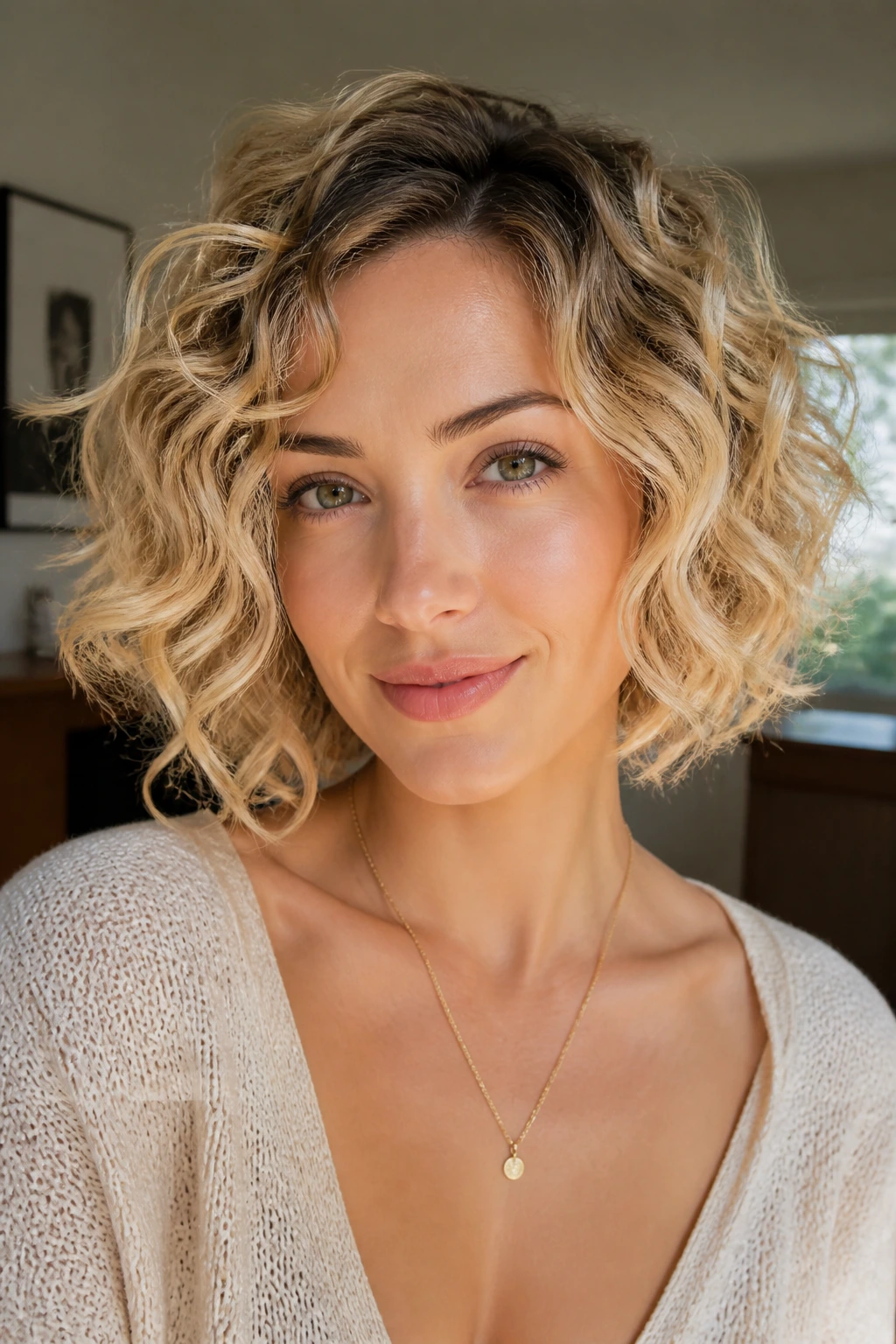 Medium close-up of a real woman with oval face wearing a curly bob showing front framing