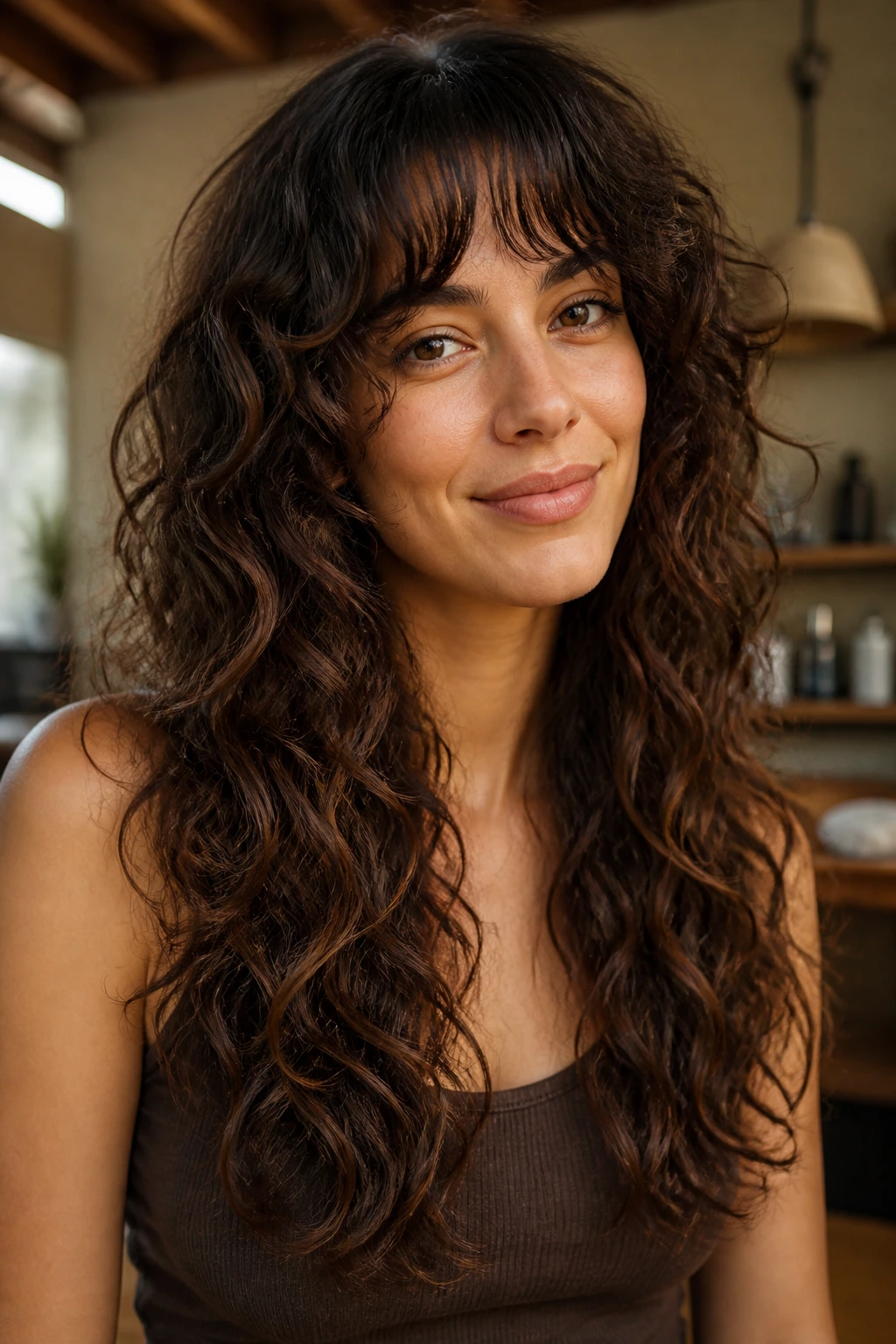 Portrait of a real woman with oval face and curly long-layered hair with bangs