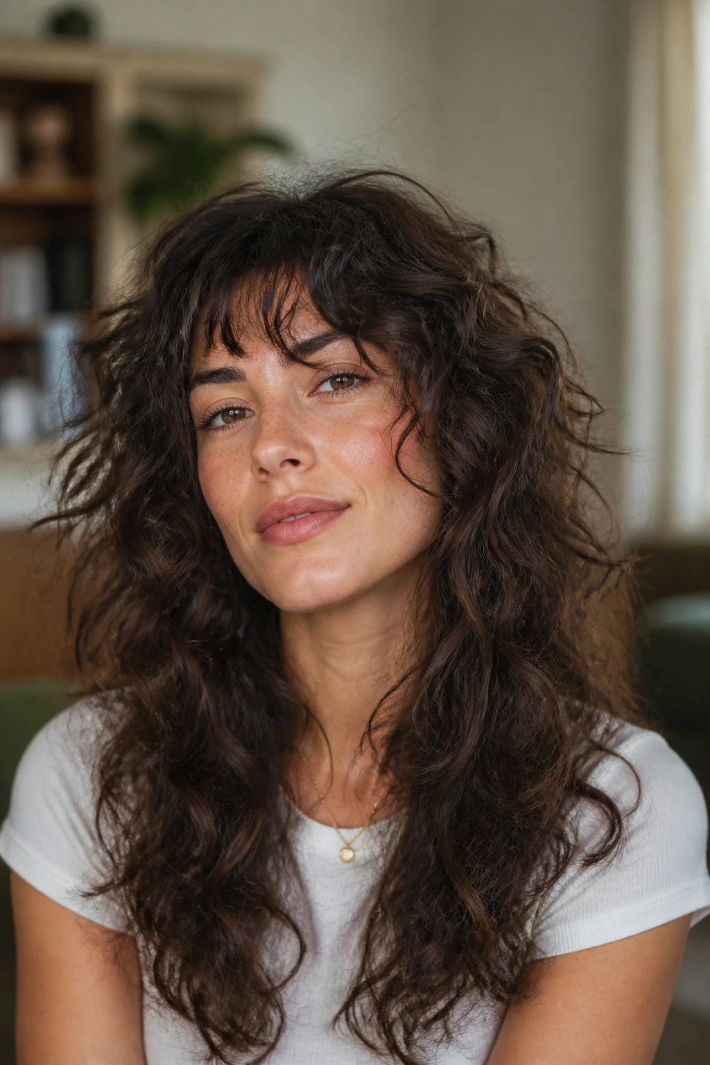 Portrait of a person with long curly shag demonstrating oval-face compatibility