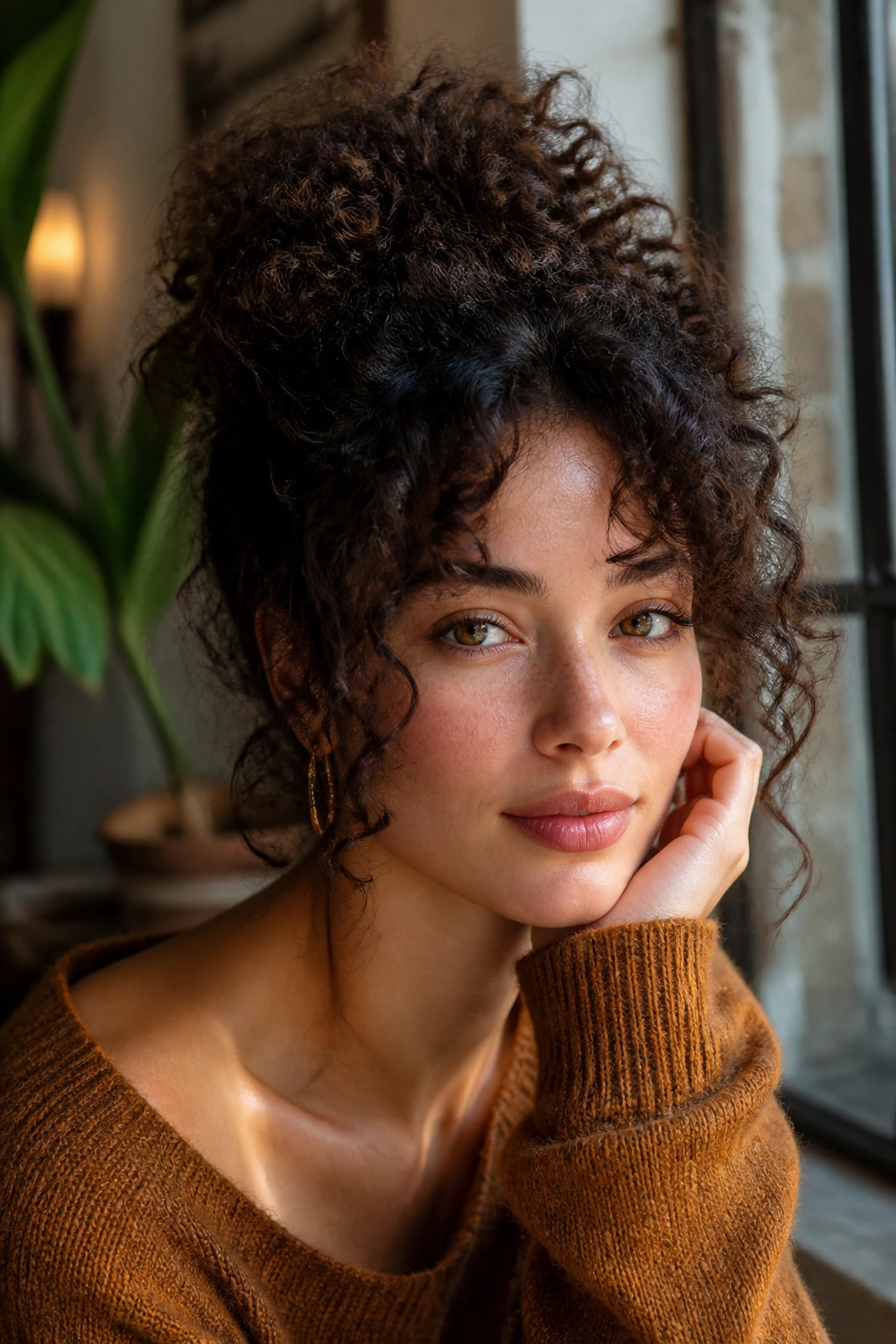 Portrait of an oval-faced person with curly hair showing crown volume and face-framing curls