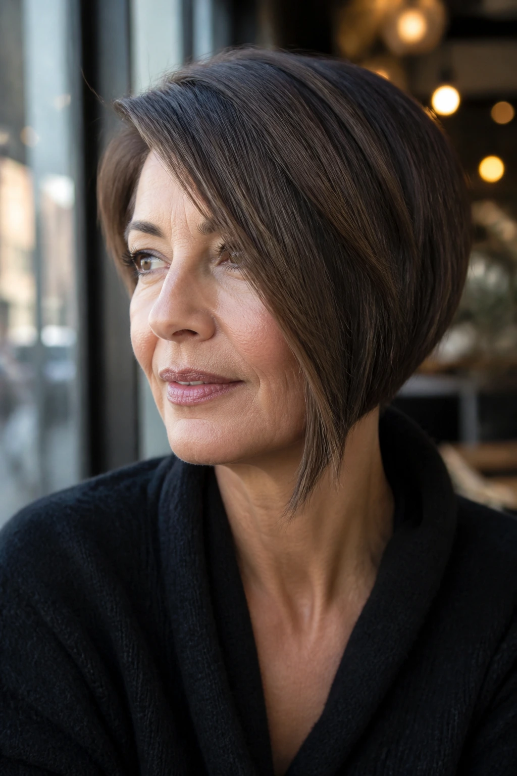 Close-up of a real woman with an oval-face bob and a long diagonal line