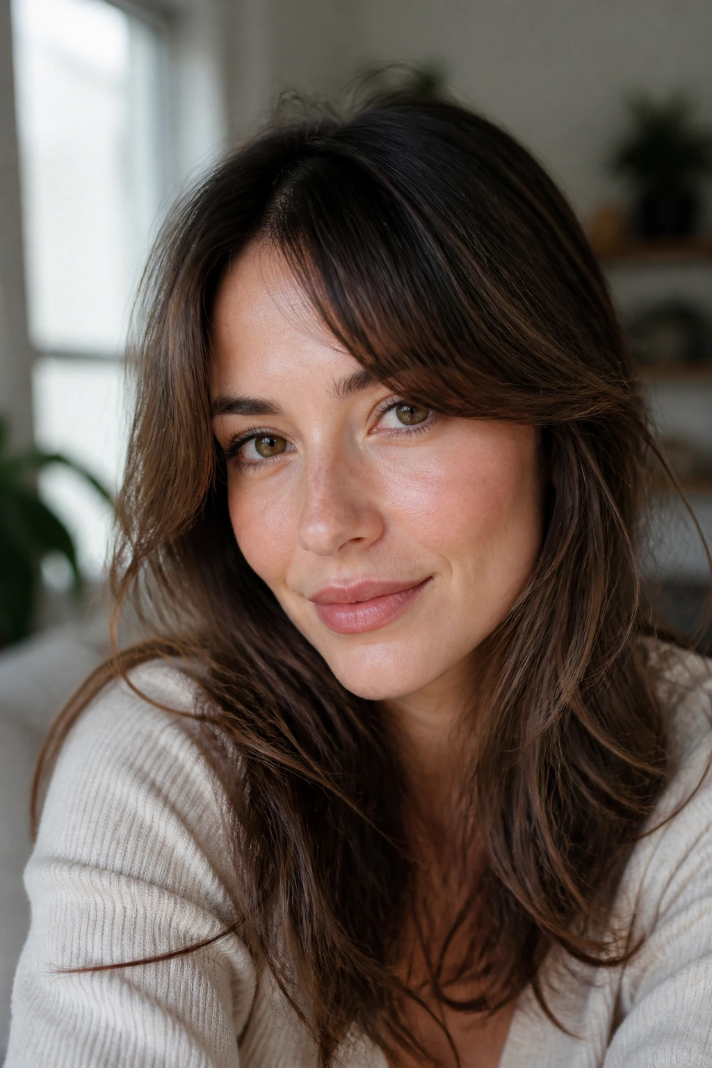 Real-person portrait with versatile oval-face fringe in soft window light